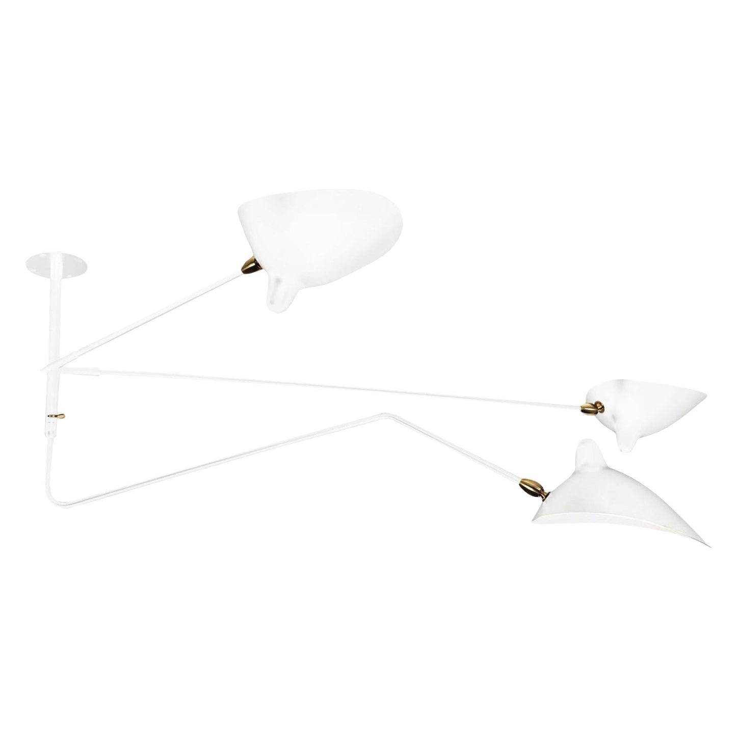 Serge Mouille White "Suspension" Two Fixed and One Rotating Curved Arm Lamp For Sale