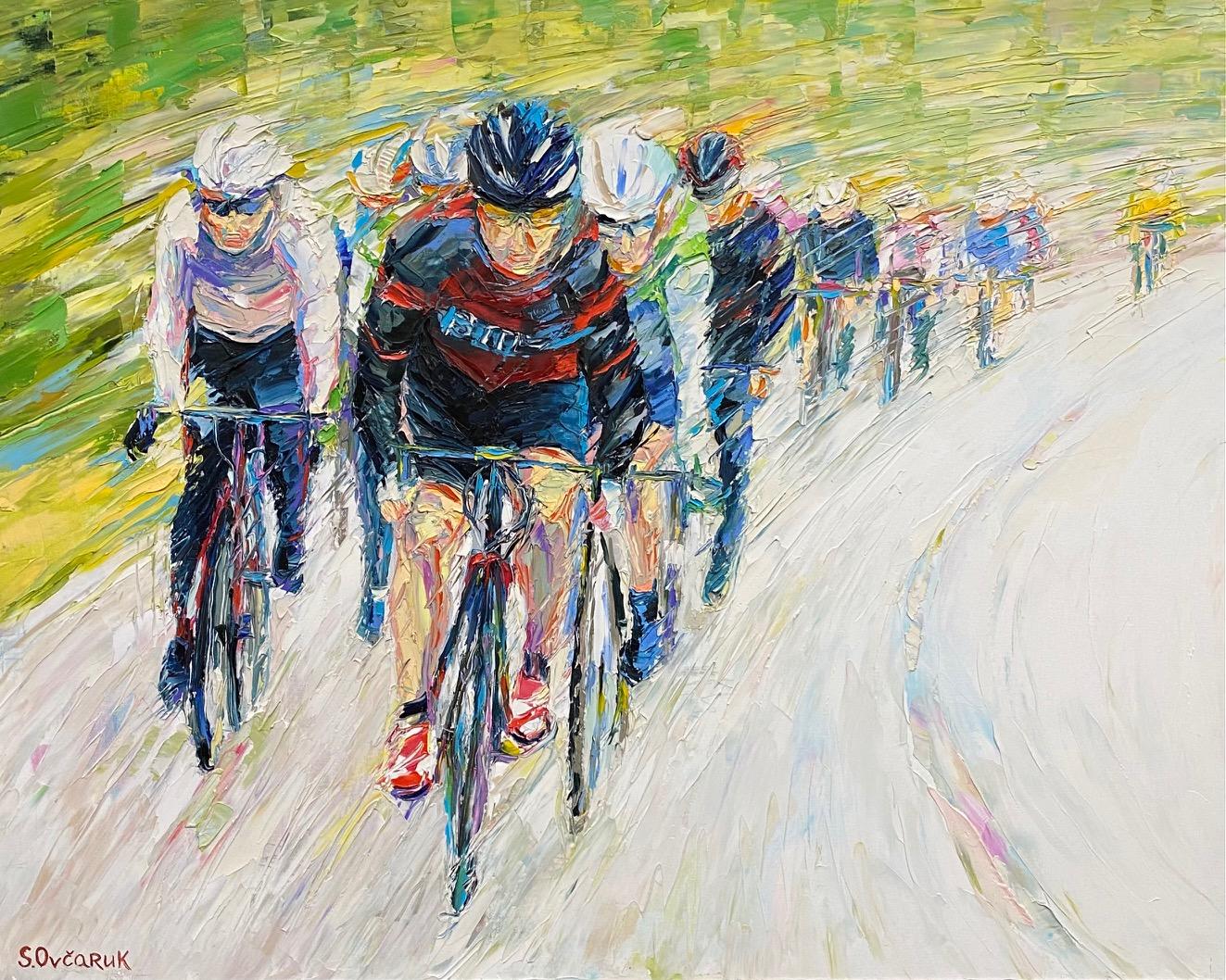 Tour de France, original 31x40 expressionist figurative landscape - Painting by Serge Ovcaruk