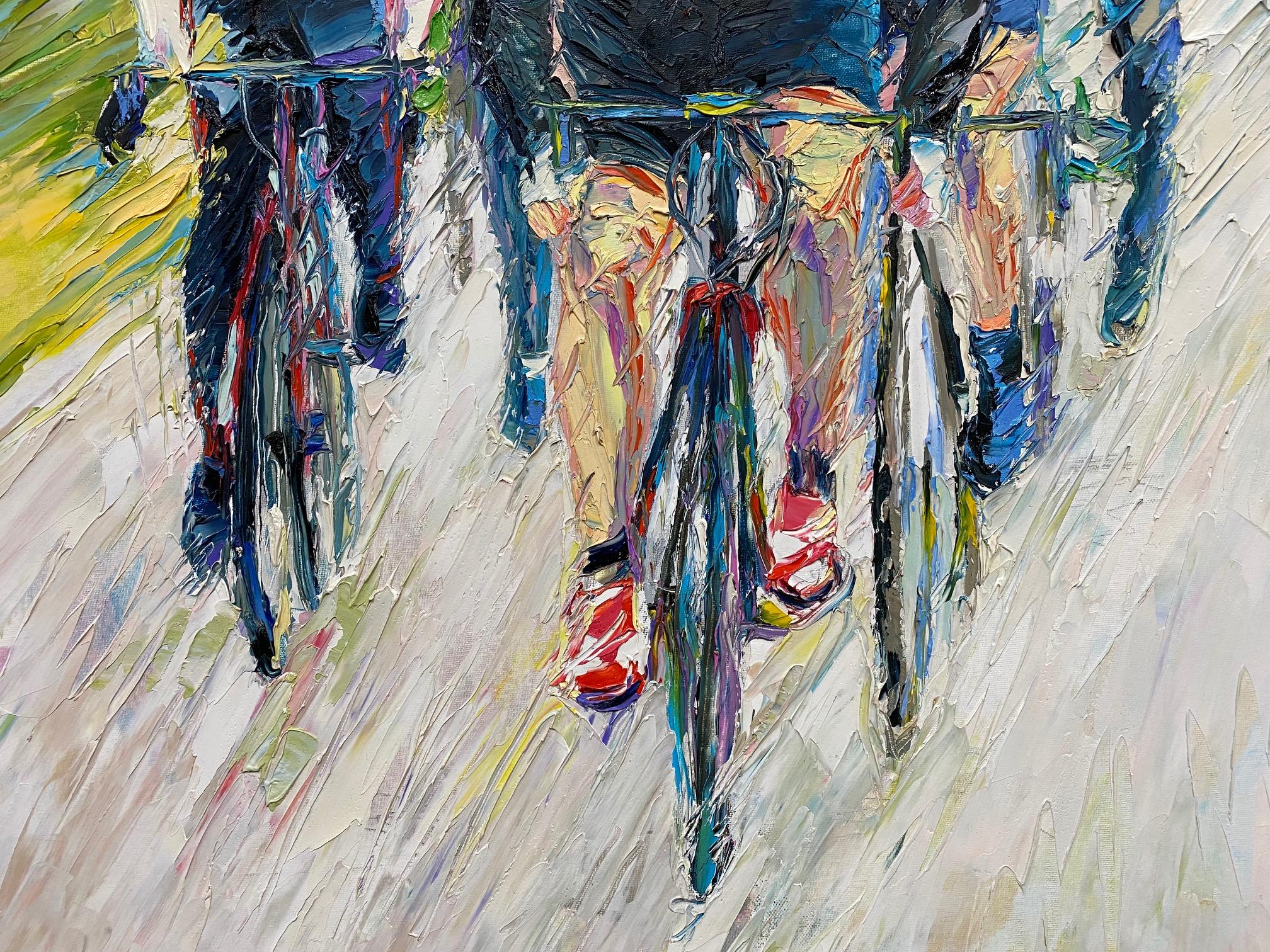 Tour de France, original 31x40 expressionist figurative landscape - Beige Figurative Painting by Serge Ovcaruk