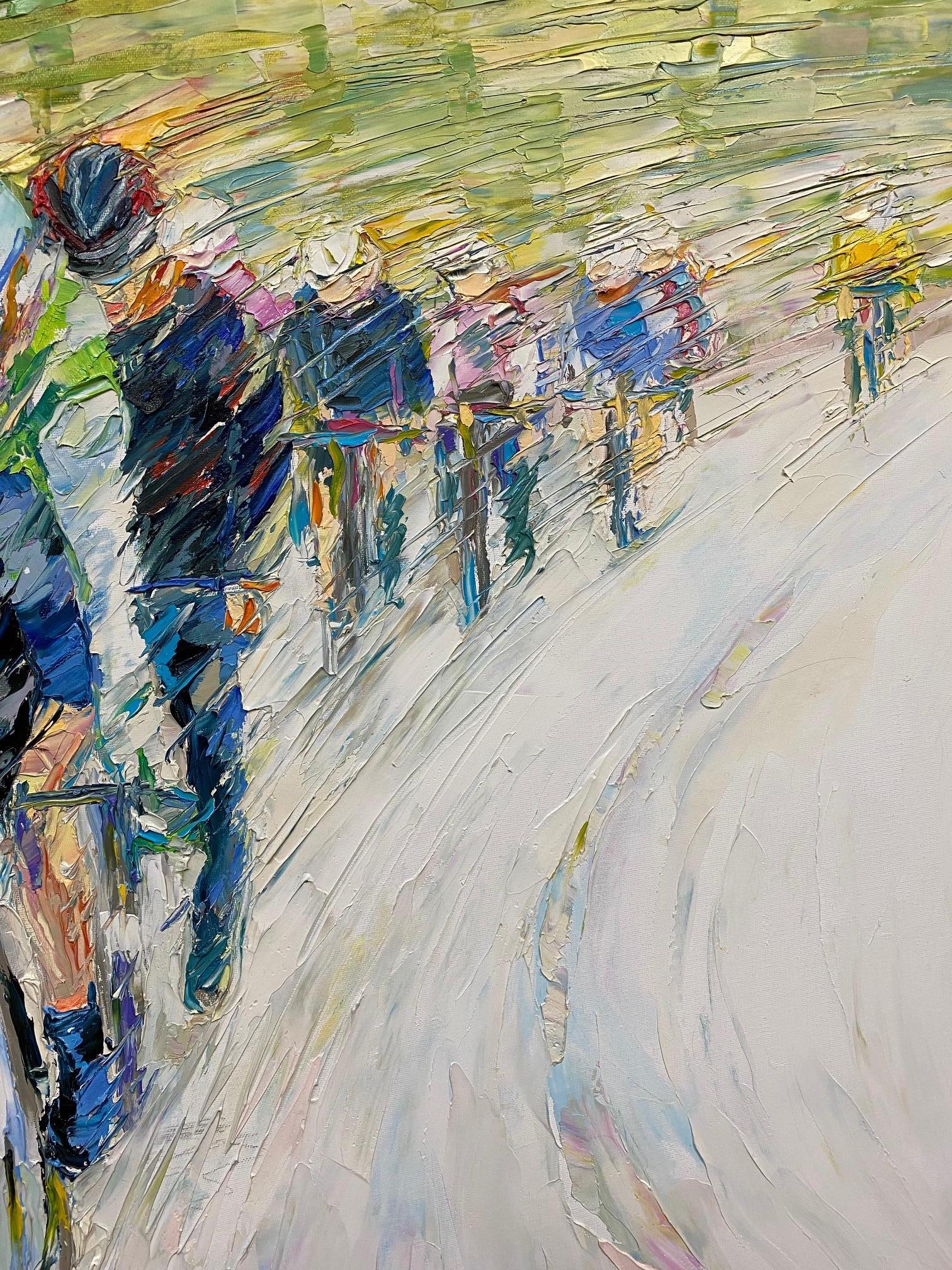Lithuanian born artist Serge Ovcaruk has used his palette knife to create a figurative sporting landscape that layers the many secrets, hopes and heartaches of the most revered cyclists on the globe.  His heavy impasto paint application knows no