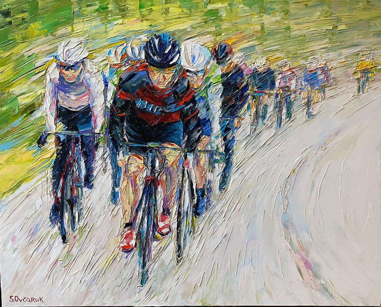 Tour de France, original 32x39 expressionist figurative landscape - Painting by Serge Ovcaruk