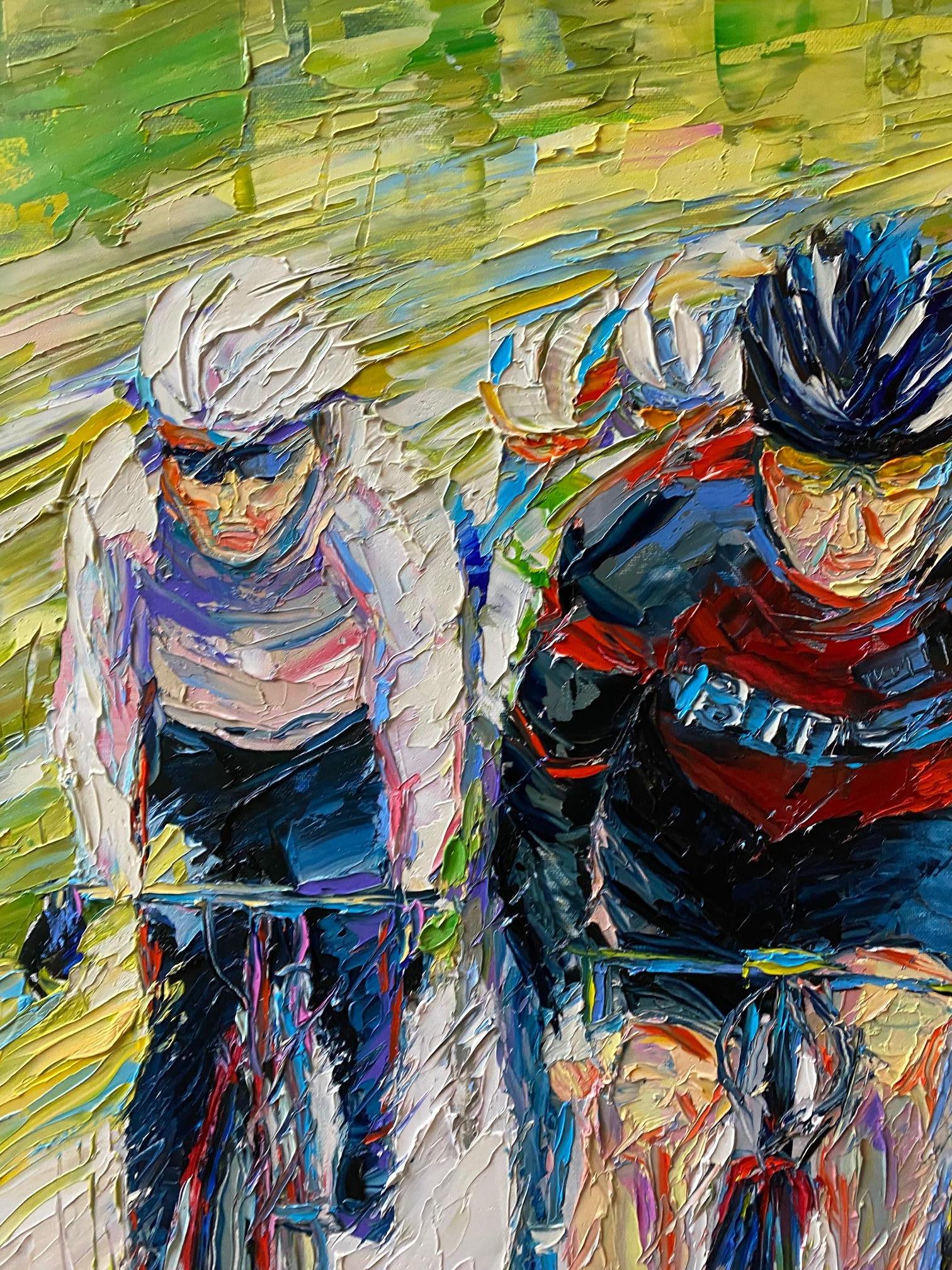 Tour de France, original 32x39 expressionist figurative landscape - Expressionist Painting by Serge Ovcaruk