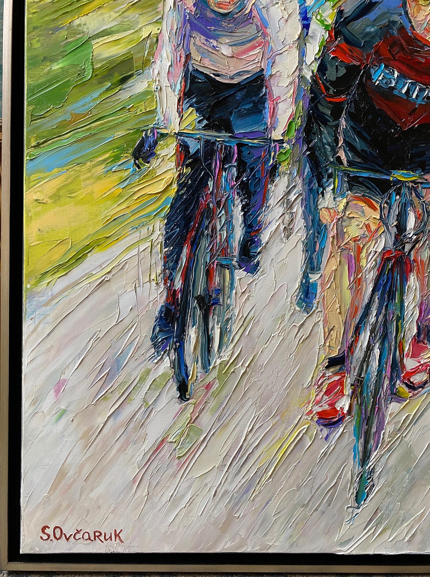 Tour de France, original 32x39 expressionist figurative landscape - Brown Figurative Painting by Serge Ovcaruk