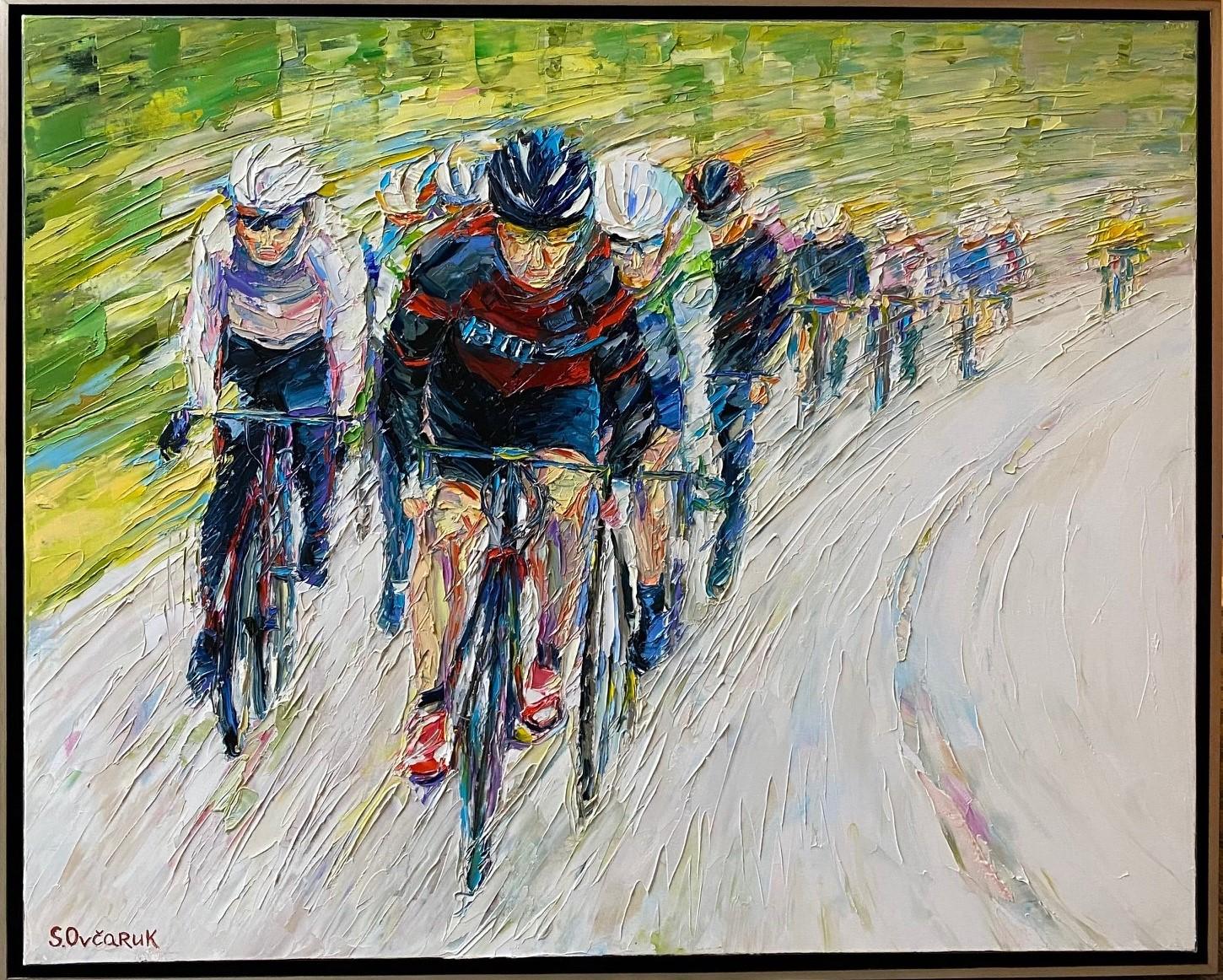 Serge Ovcaruk Figurative Painting - Tour de France, original 32x39 expressionist figurative landscape