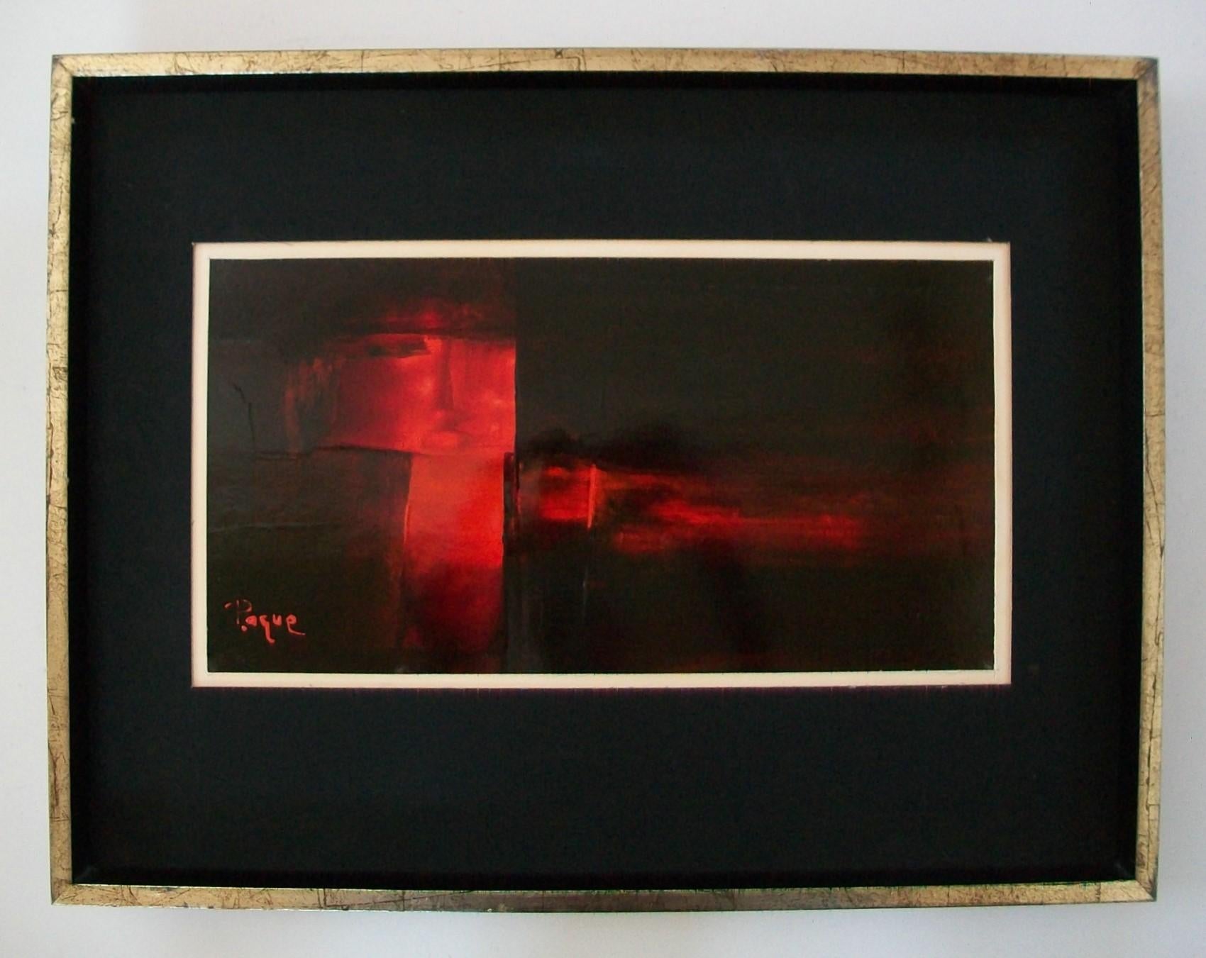 SERGE PAQUET (PAQUE) - midcentury abstract oil painting on card - featuring bold strokes of red against a black background - black and white matte boards under glass - silver leaf and black lacquer frame with beveled edge - signed Paque lower left -