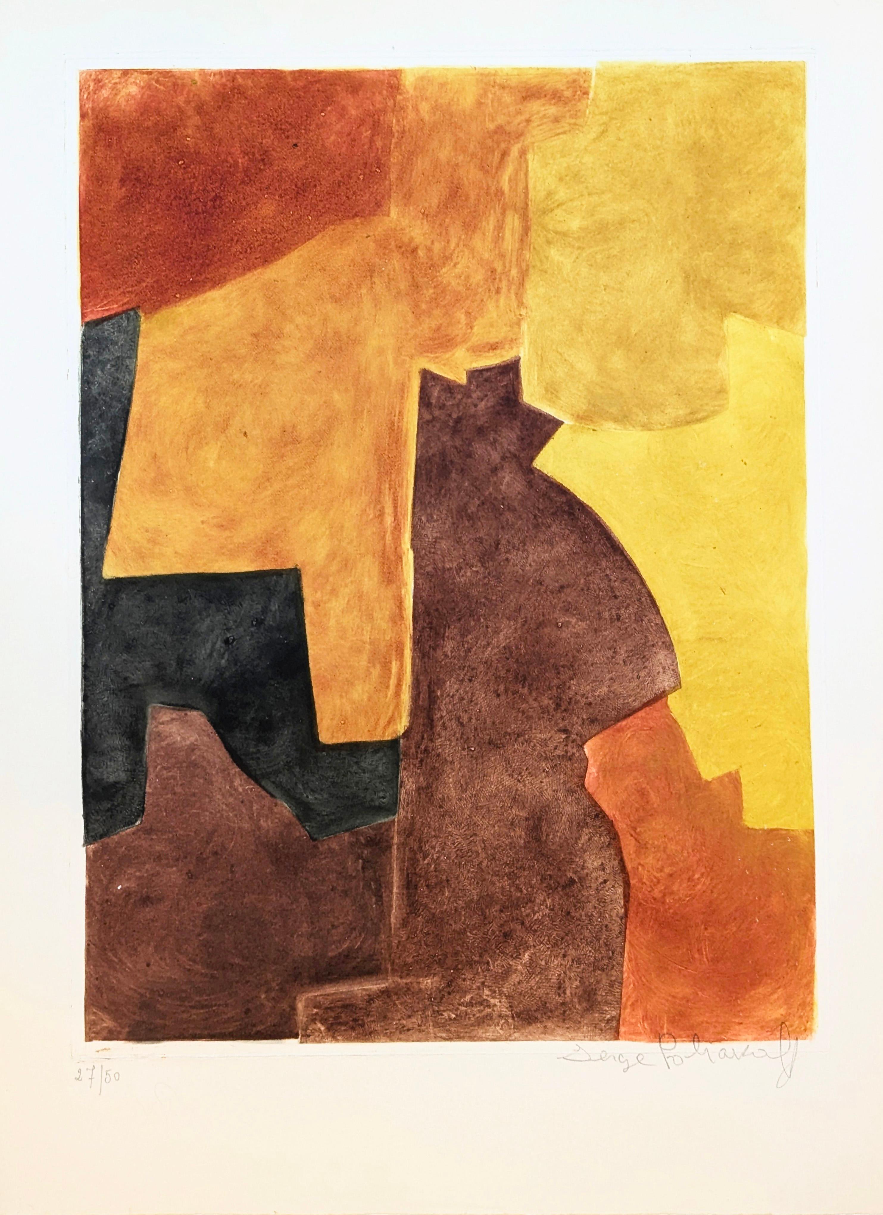 Serge Poliakoff Abstract Print - Composition brune et orange VII