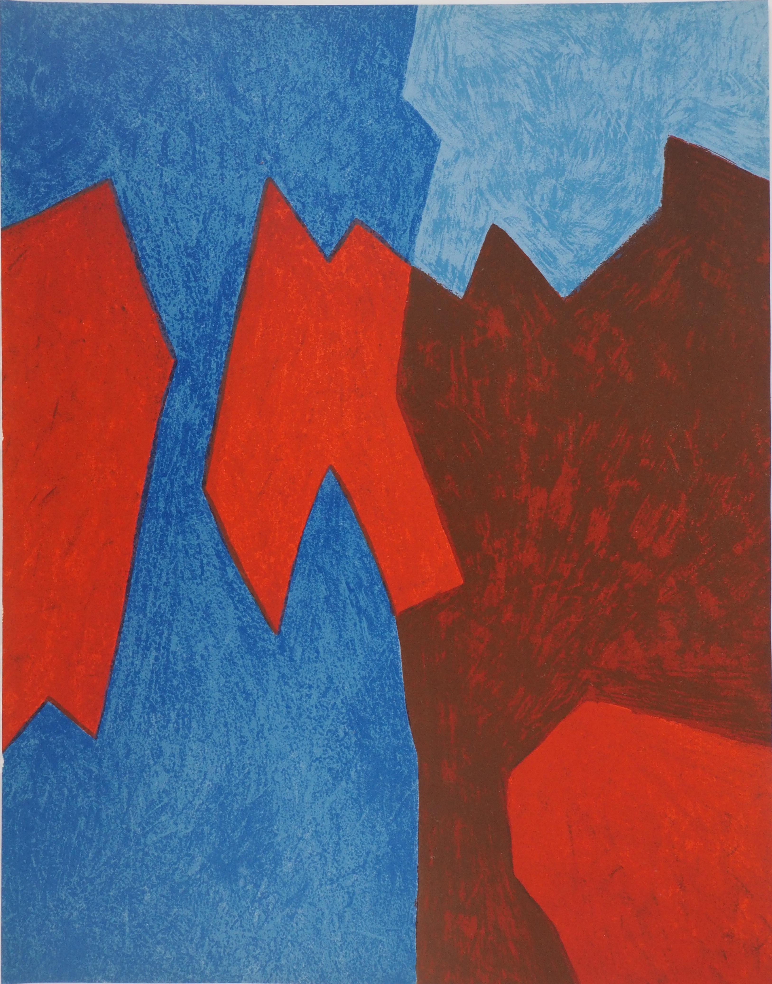 Serge Poliakoff Abstract Print – Komposition in Blau und Rot - Originallithographie (Mourlot 1968)