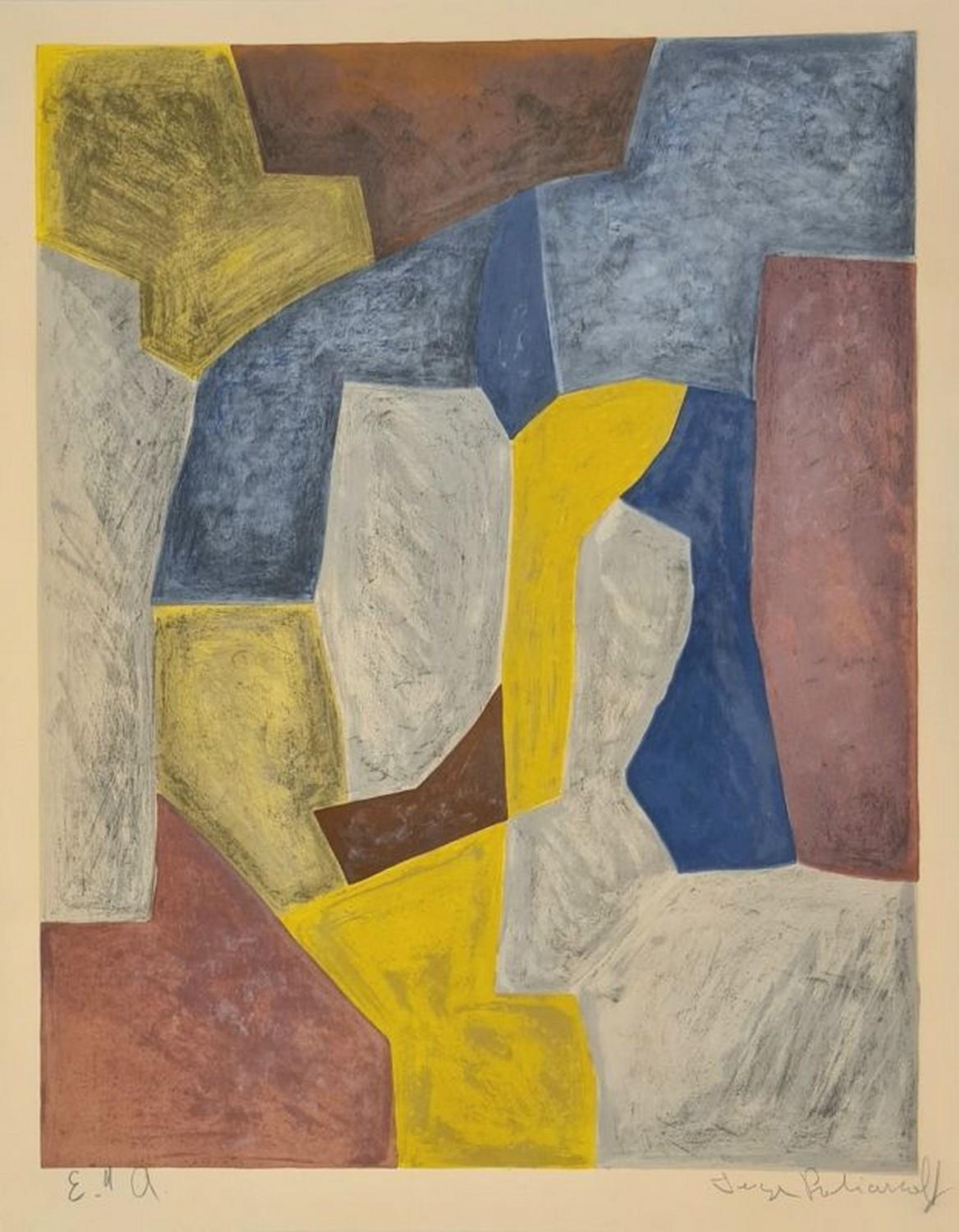Serge Poliakoff Abstract Print - Composition in carmine, yellow , grey and blue n°24 
