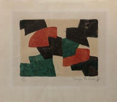 Composition in green, beige, red and brown
