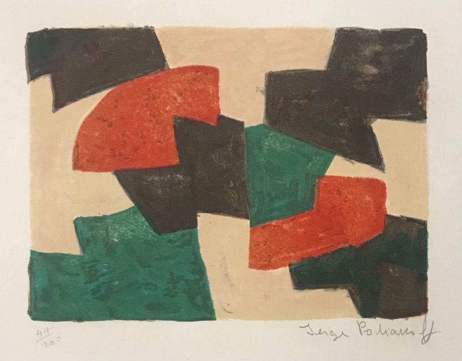 Serge Poliakoff Abstract Print - Composition in green, beige, red and brown 