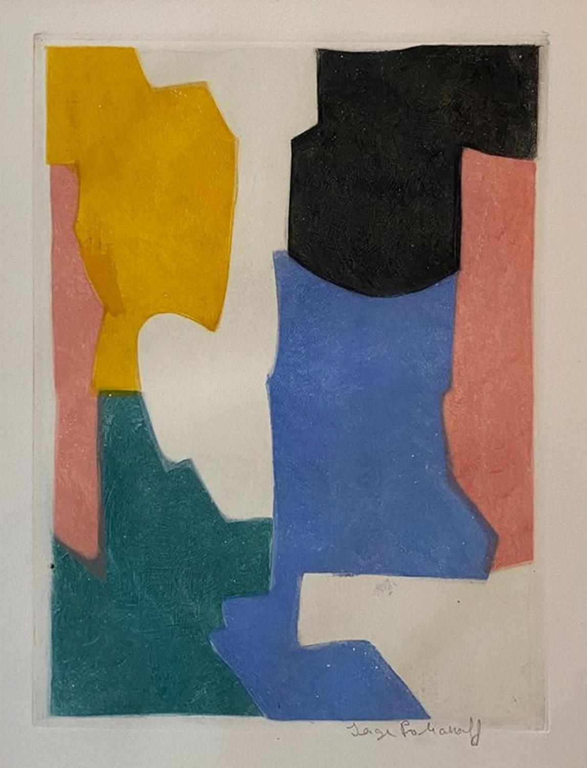 Serge Poliakoff Abstract Print - Composition in green, blue, pink and yellow 