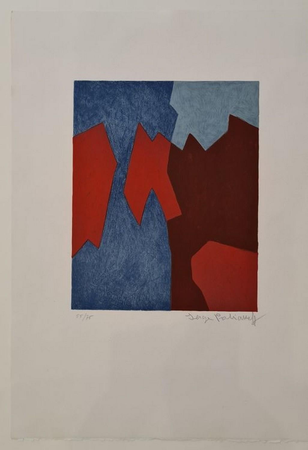 Serge Poliakoff Abstract Print - Composition in red and blue n°68 