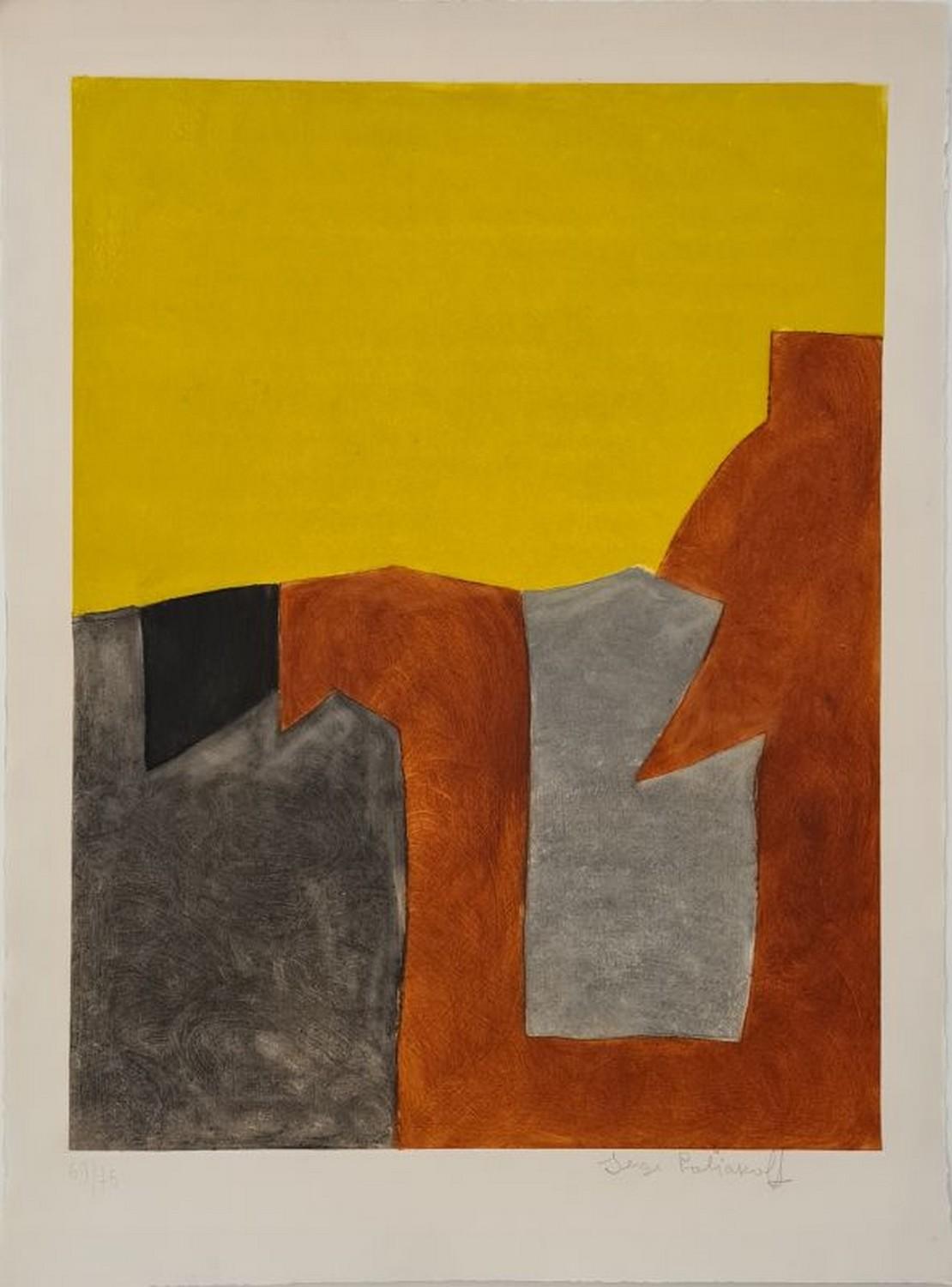 Serge Poliakoff Abstract Print - Gray brown and yellow composition IX 