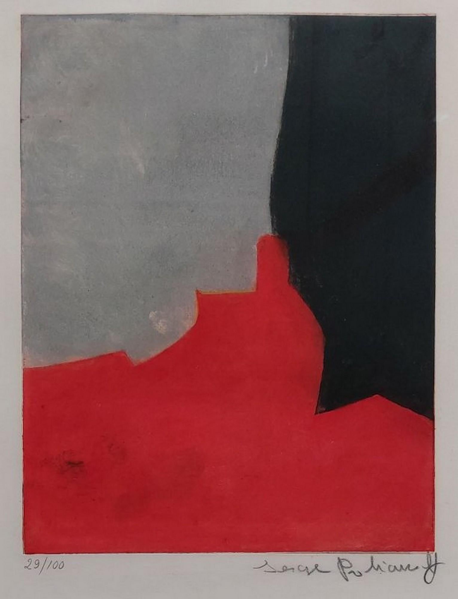 Serge Poliakoff Abstract Print - Red, grey and black composition IV 