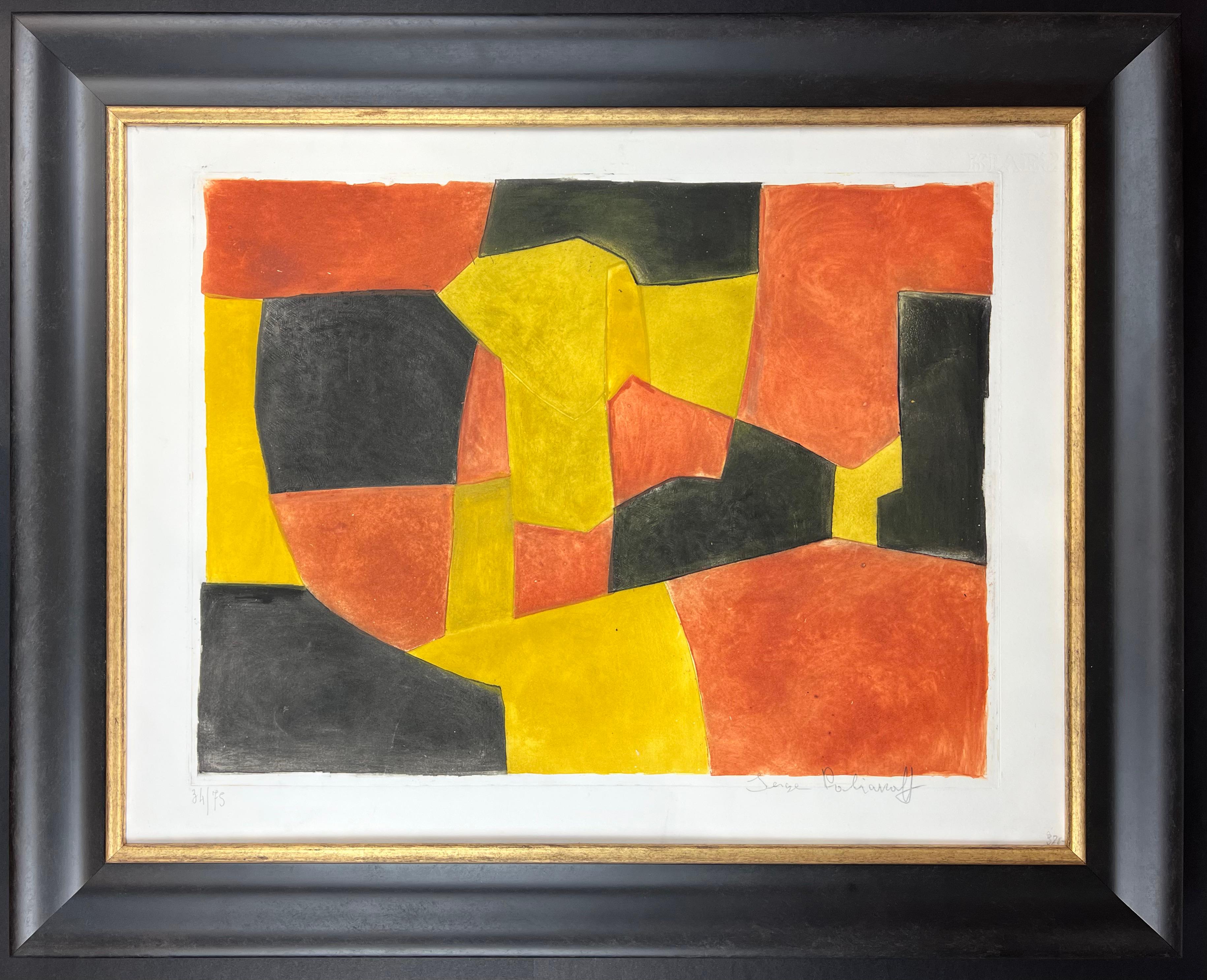 Composition noire, jaune et brune
etching and aquatint on Rives paper , edited in 1962
Limited Edition of 75 copies
Hand signed in pencil by artist lower right and numbered 34/75 lower left
Paper size: 57 x 74,5 cm
Framed size: 72 x 89 cm

In very