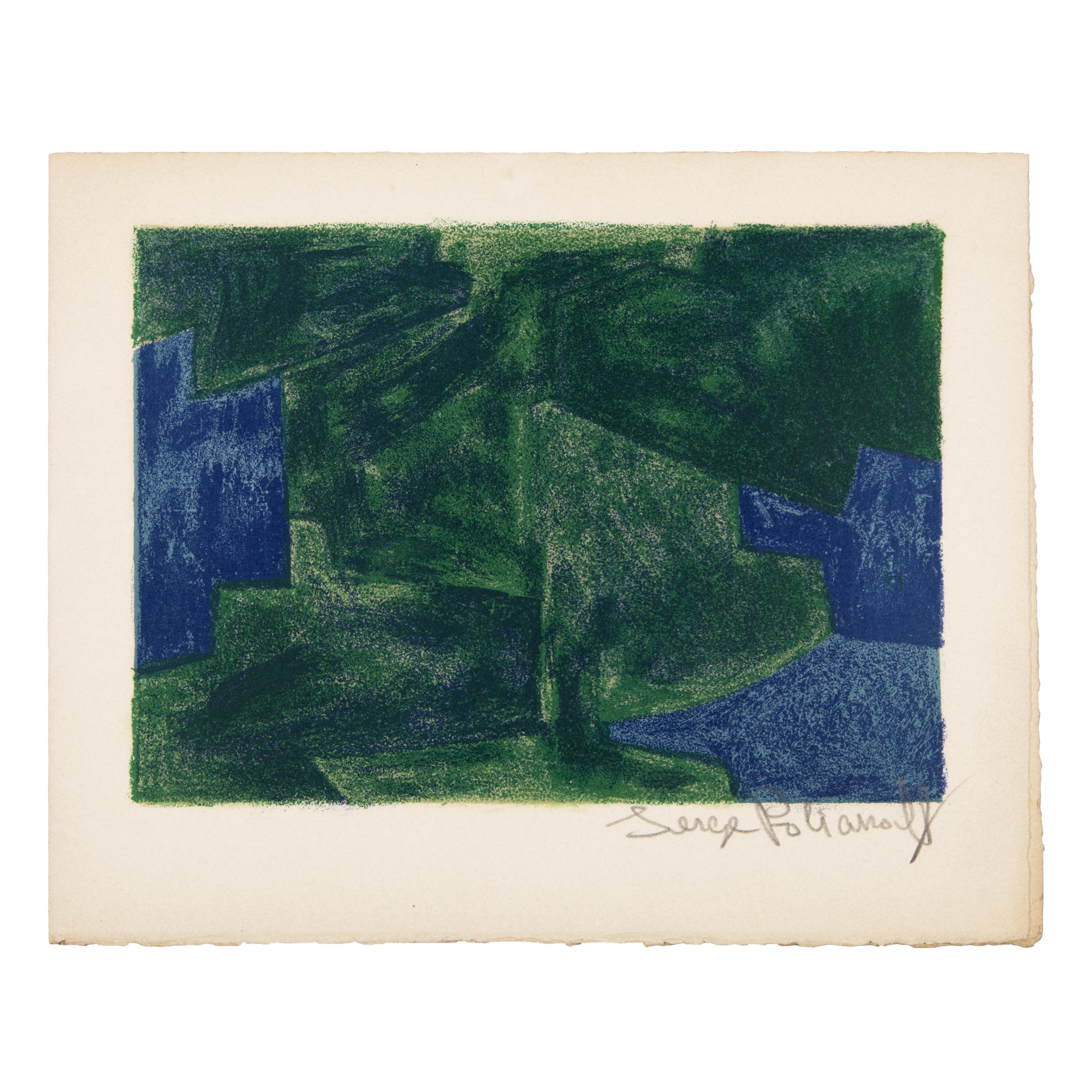 Serge Poliakoff
Blaue und grüne Komposition, 1963
Lithographie auf Papier
10 3/10 × 12 4/5 in  26.2 × 32.5 cm
Auflage 200: Handsigniert mit Bleistift

Original (doppelseitige) Grußkarte von 1963, herausgegeben von La Source, Paris. Gedruckt bei