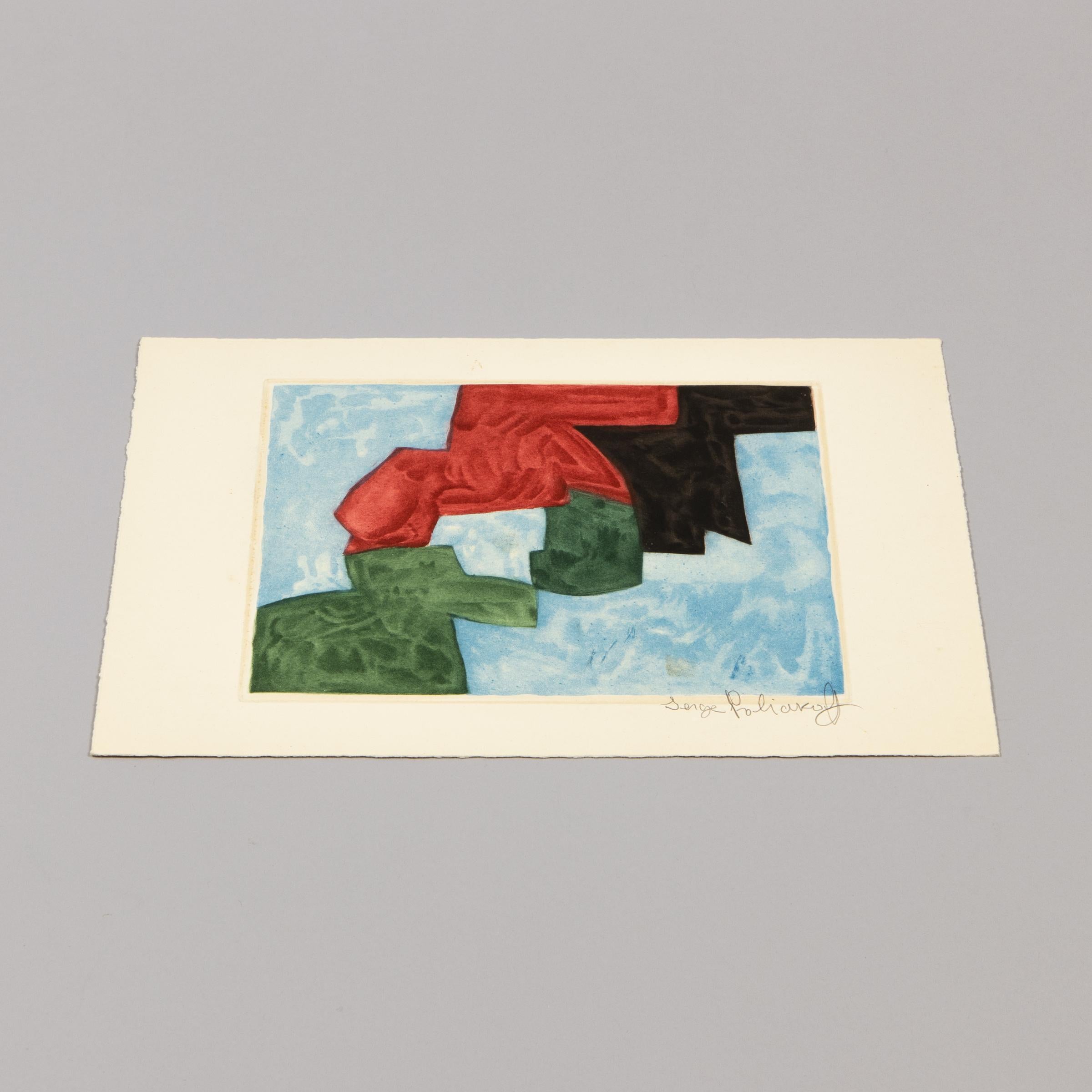 Serge Poliakoff (French-Russian, 1900–1969)
Composition Bleu, Noire, Rouge et Verte (from Werke Poliakoffs), 1964
Medium: Etching and aquatint on paper
Dimensions: 25.5 x 37.7 cm 
Edition of 300: This print with courtesy signature in pencil
Printer: