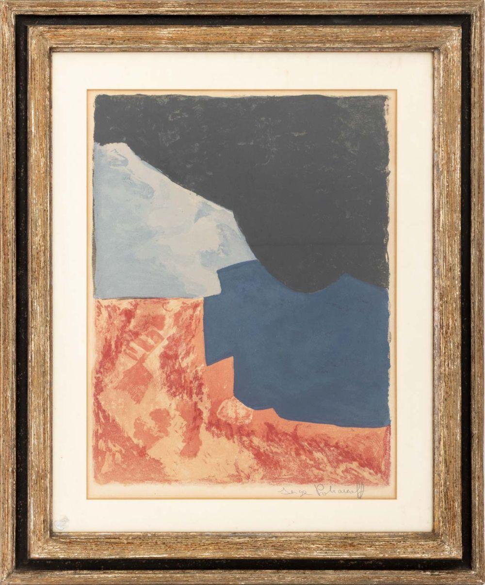 « Composition rouge, grise et noire », gravure abstraite et aquatinte en couleurs, 1960