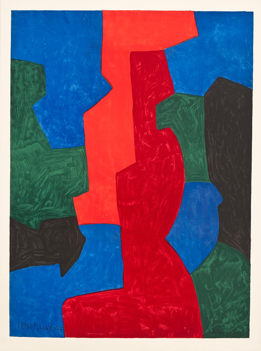 This lithograph was printed in 1965 at the Atelier Mourlot in Paris. This modern print consists of jagged blocks in red, green, blue, charcoal black and orange. Poliakoff was a part of the "new" Ecole de Paris where he mastered in abstract painting