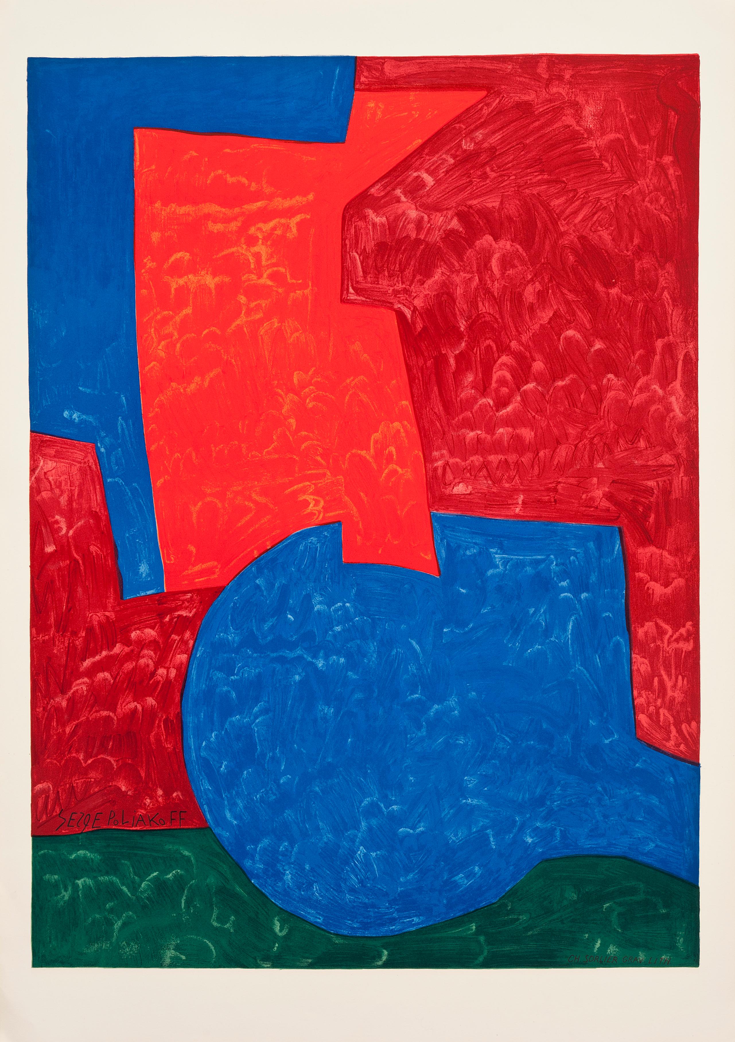 This lithograph was printed in 1965 at the Atelier Mourlot in Paris. This modern print consists of jagged blocks in red, green, blue, and orange. Poliakoff was a part of the "new" Ecole de Paris where he mastered in abstract painting