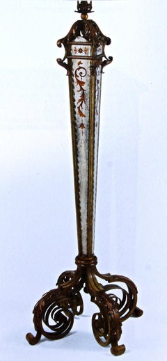 Serge Roche Attributed Parcel-Gilt Wrought Iron and Verre Églomisé Floor Lamp