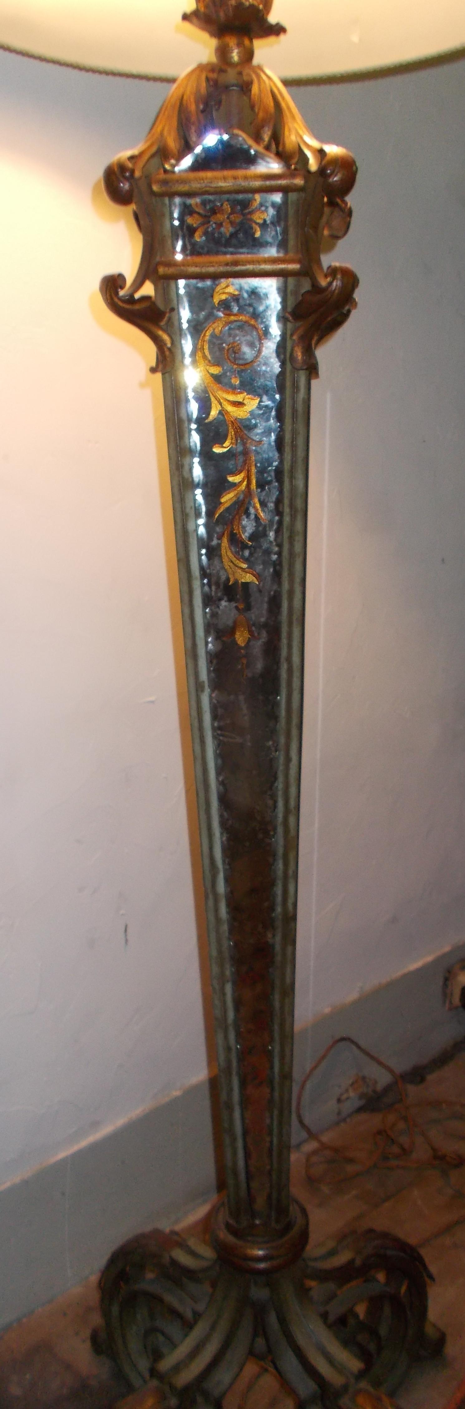 Glass Serge Roche Attributed Parcel-Gilt Wrought Iron and Verre Églomisé Floor Lamp For Sale