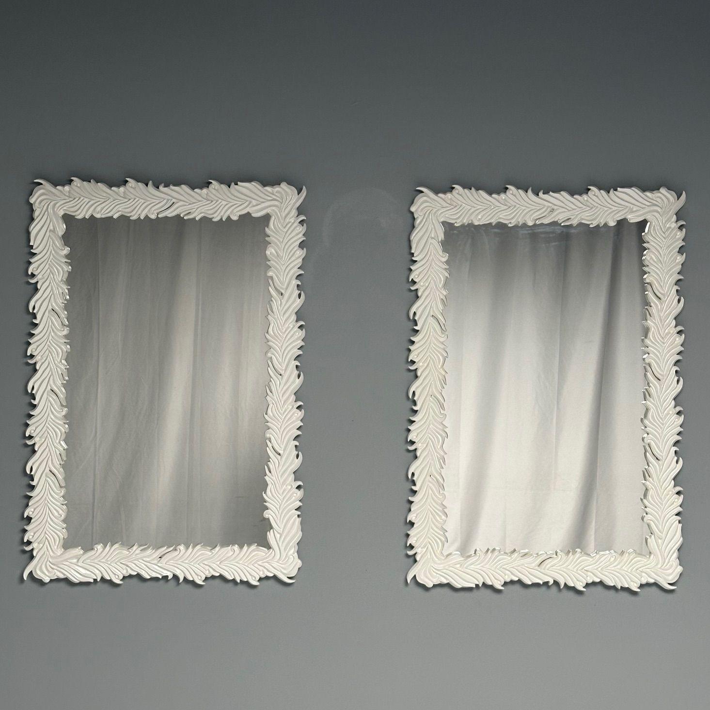 Serge Roche Style, Contemporary, Rectangular Wall or Console Mirrors, White Lacquer, Palm Fronds Motif

Pair of sizable wall mirrors in the mid-century taste inspired by the work of Serge Roche. Each example features a hand carved wood frame having