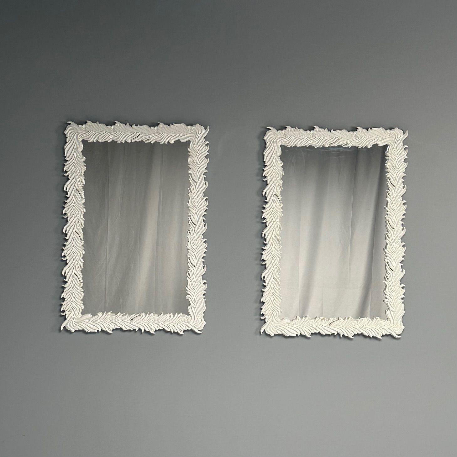 Mid-Century Modern Serge Roche Style, Contemporary, Rectangular Leaf Wall Mirrors, White Lacquer For Sale