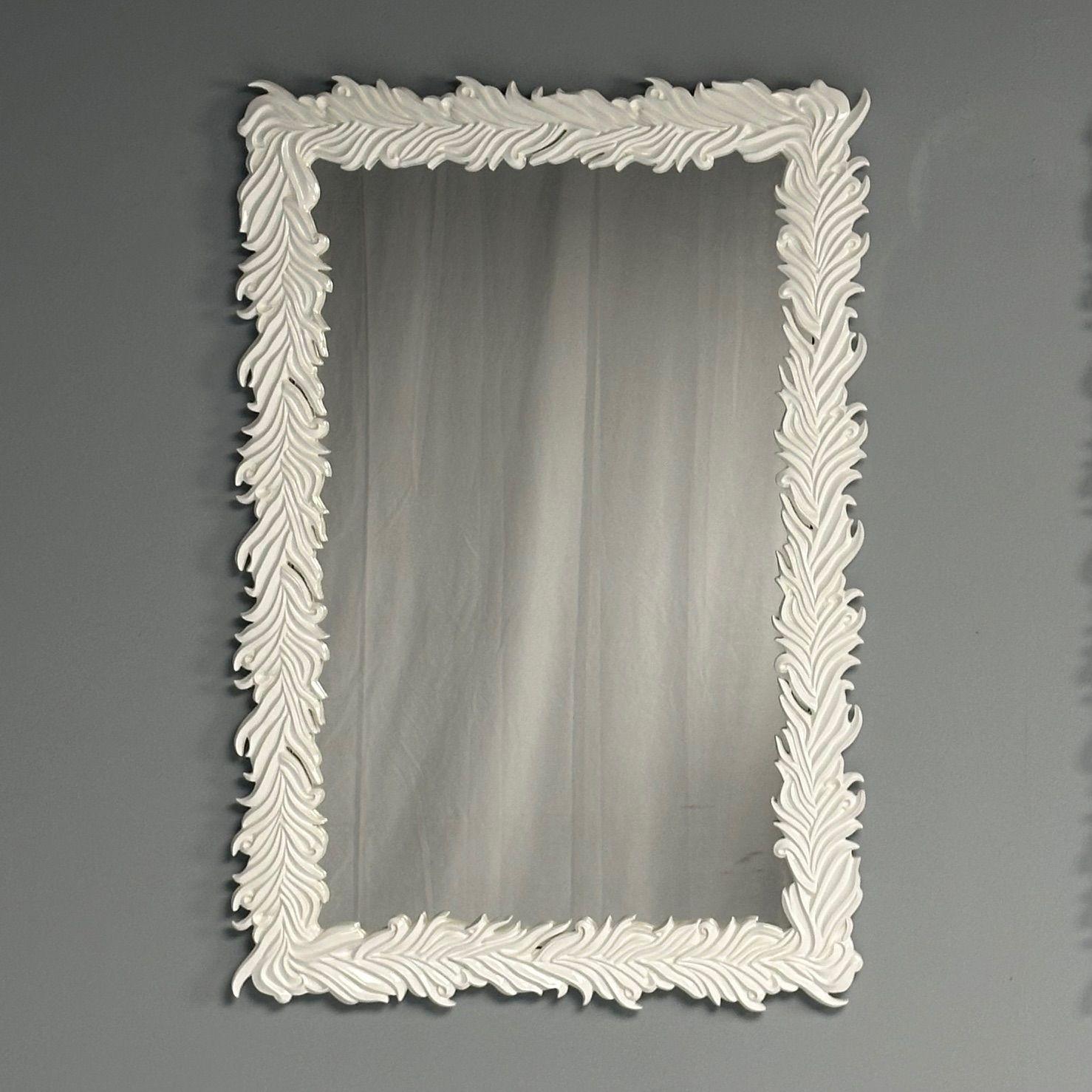 European Serge Roche Style, Contemporary, Rectangular Leaf Wall Mirrors, White Lacquer For Sale