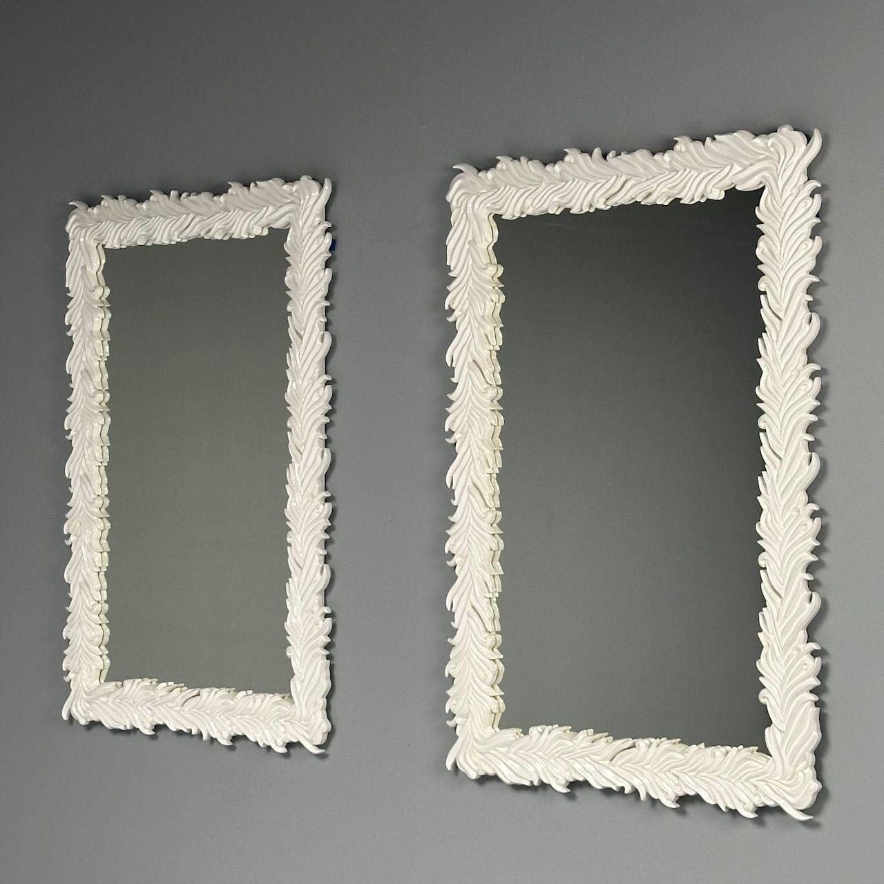 Serge Roche Style, Contemporary, Rectangular Leaf Wall Mirrors, White Lacquer In Good Condition For Sale In Manhasset, NY