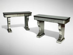 Serge Roche Style, Distressed Glass, Painted Wood, Mirrored Console Tables