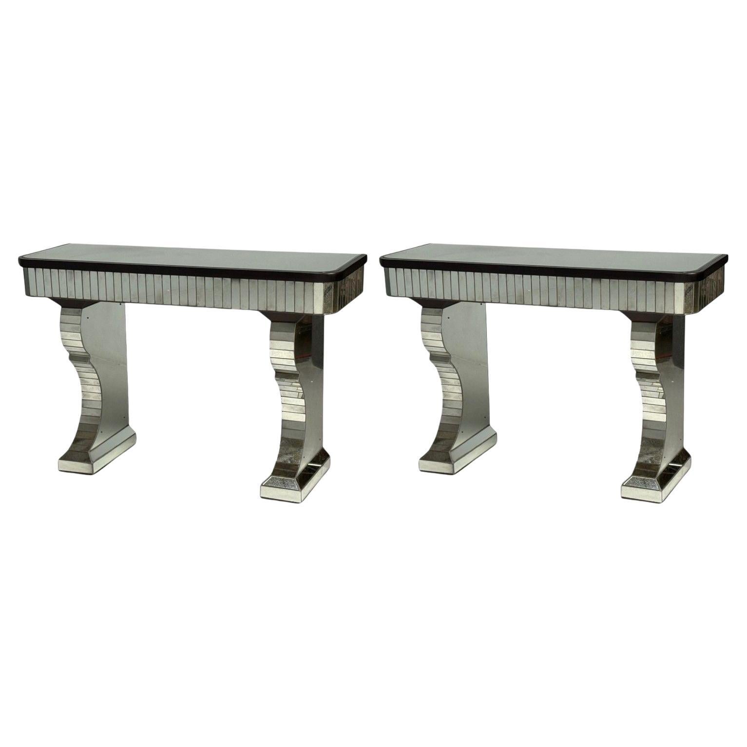 Serge Roche Style, Distressed Glass, Painted Wood, Mirrored Console Tables For Sale