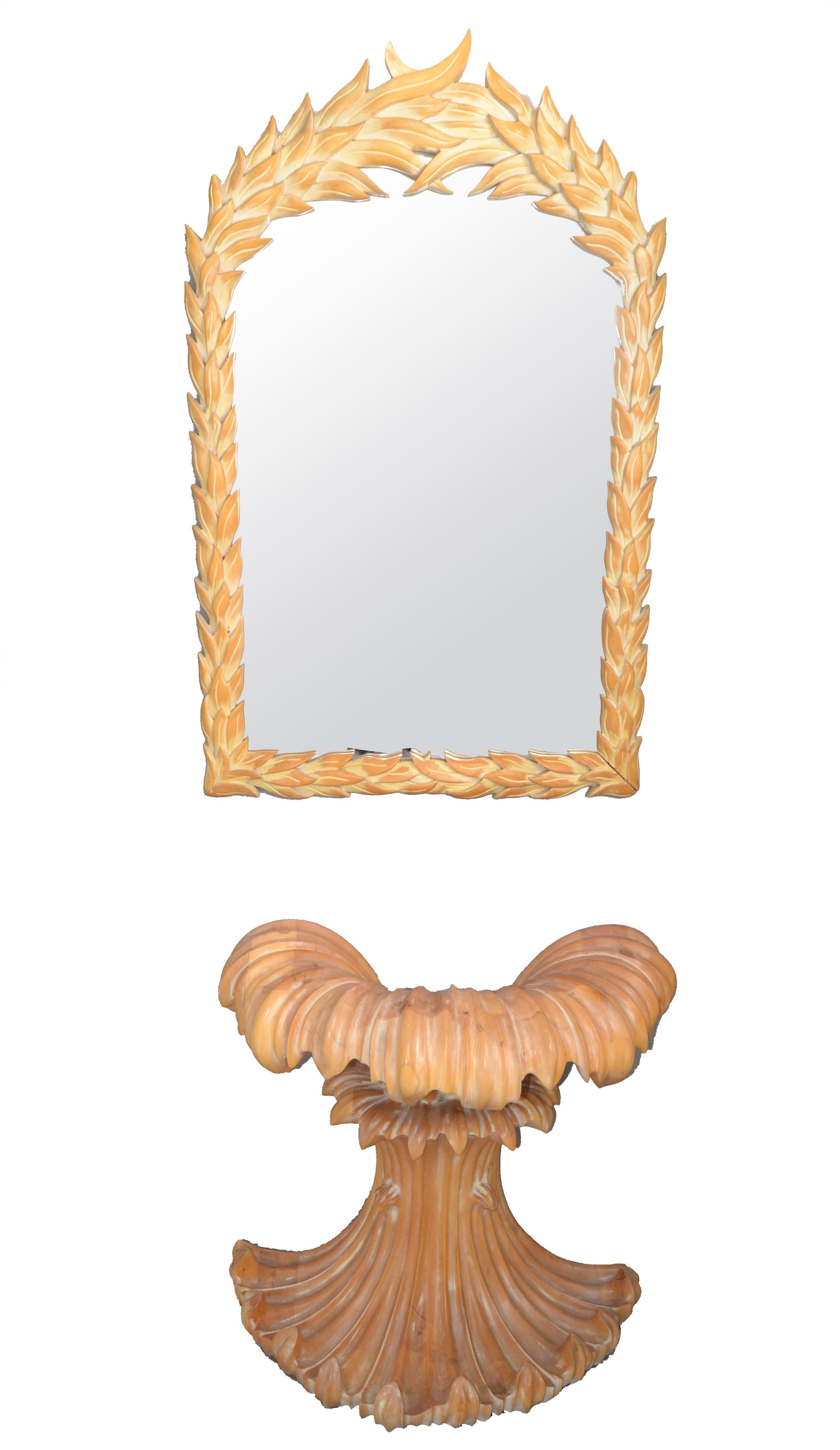 Console et miroir en bois sculpté à la main à motif de feuilles de palmier, style Hollywood Regency, Serge Roche en vente 4