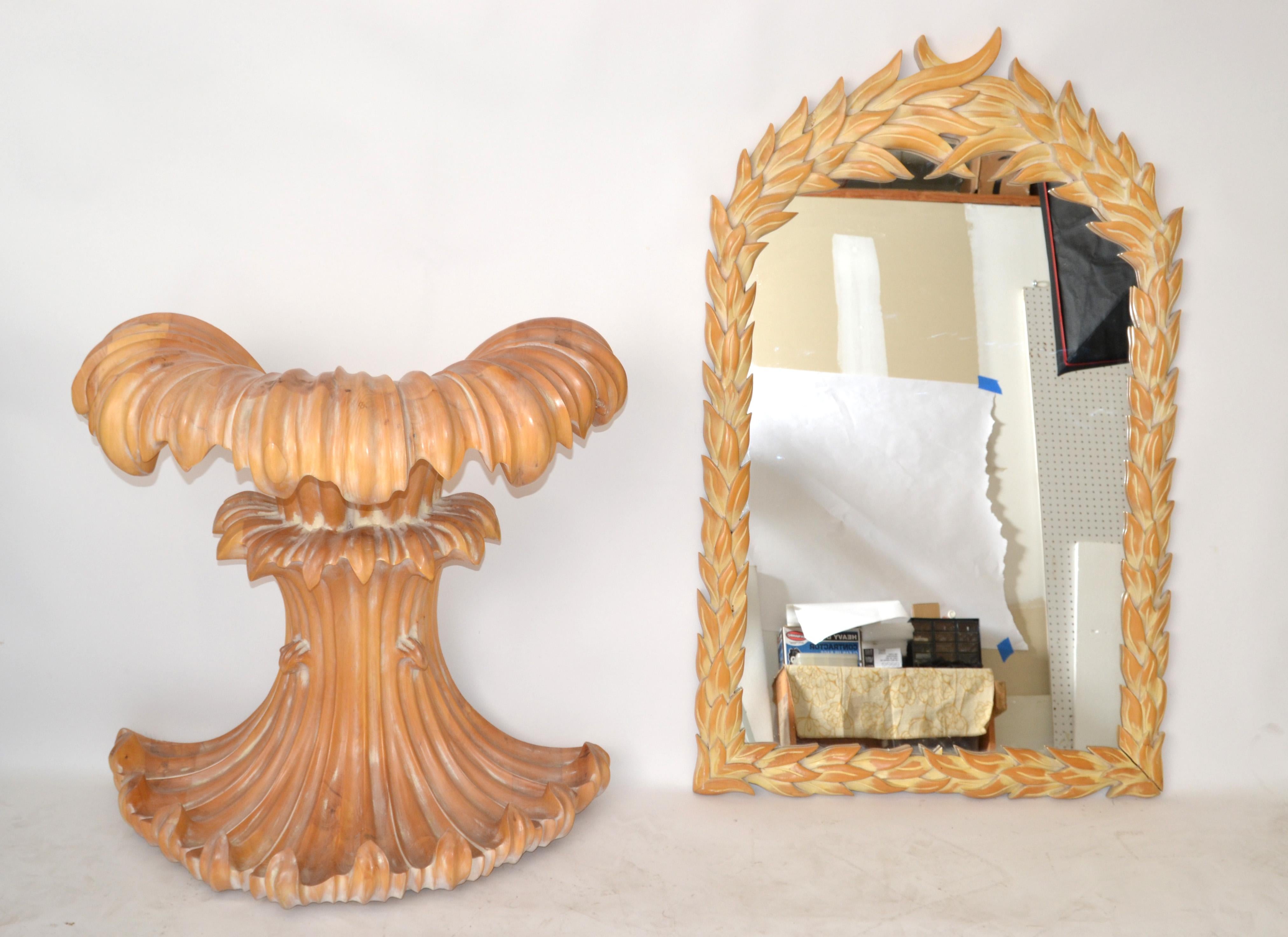 Serge Roche Style Hollywood Regency Hand Carved Wood Palm Leaf Console & Mirror For Sale 7