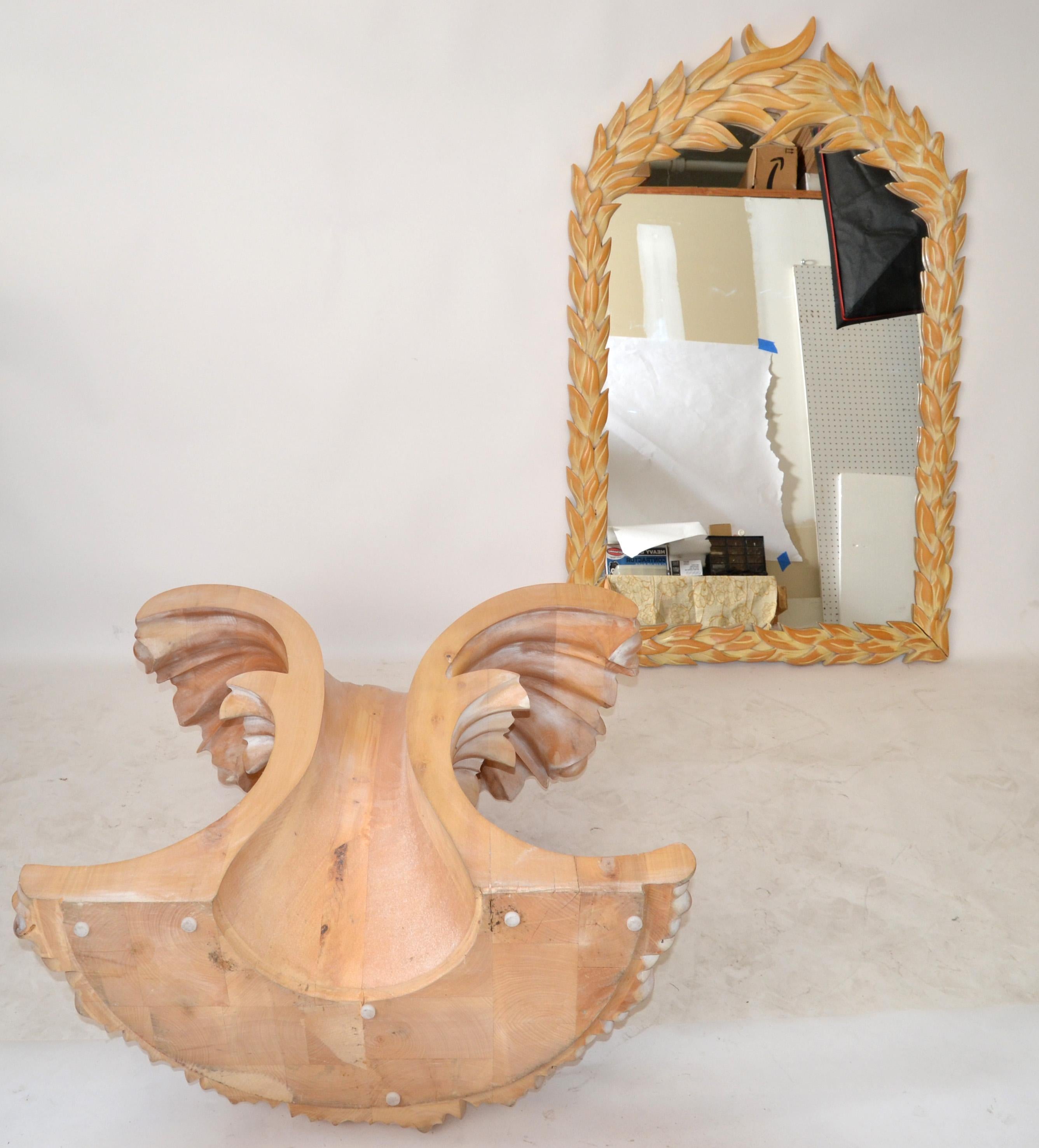 Serge Roche Style Hollywood Regency Hand Carved Wood Palm Leaf Console & Mirror For Sale 8