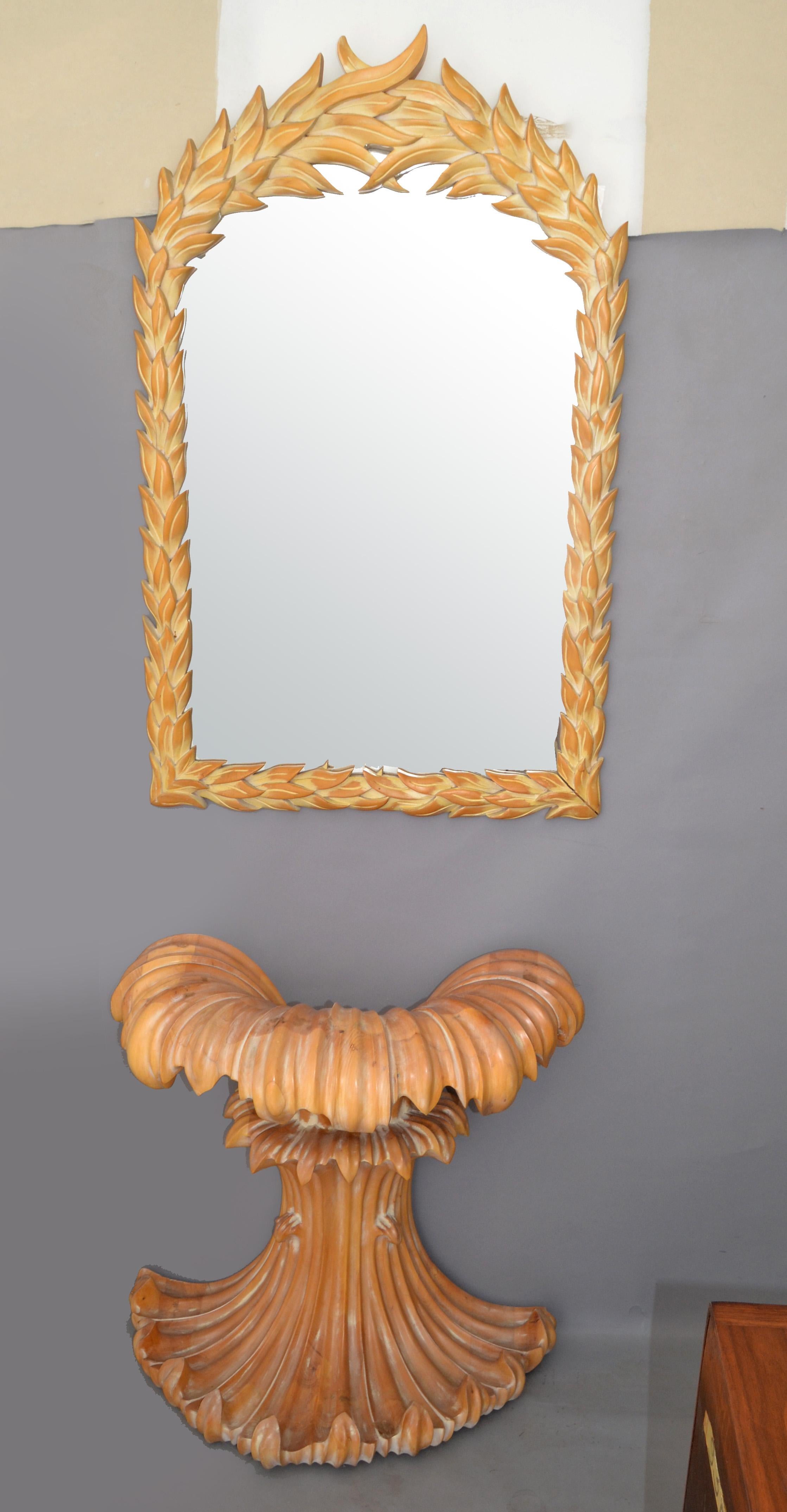 American Serge Roche Style Hollywood Regency Hand Carved Wood Palm Leaf Console & Mirror For Sale