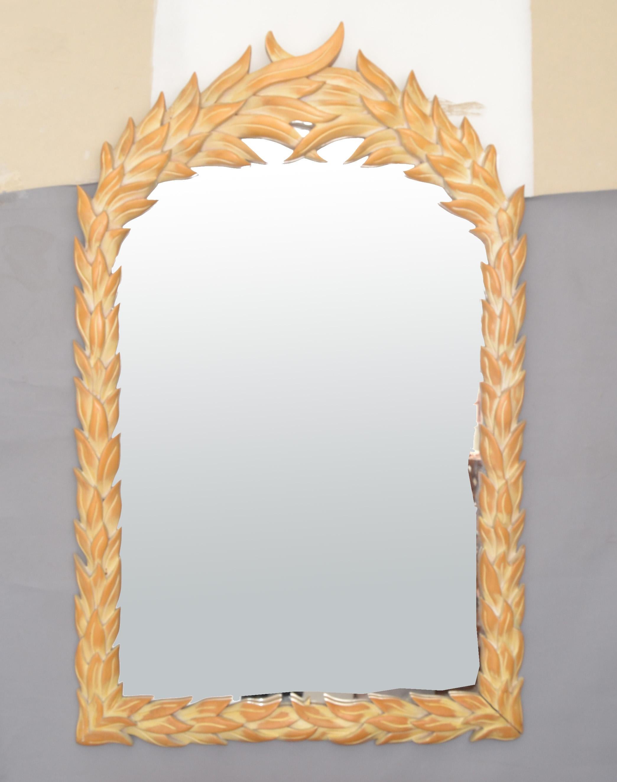 Hand-Carved Serge Roche Style Hollywood Regency Hand Carved Wood Palm Leaf Console & Mirror For Sale