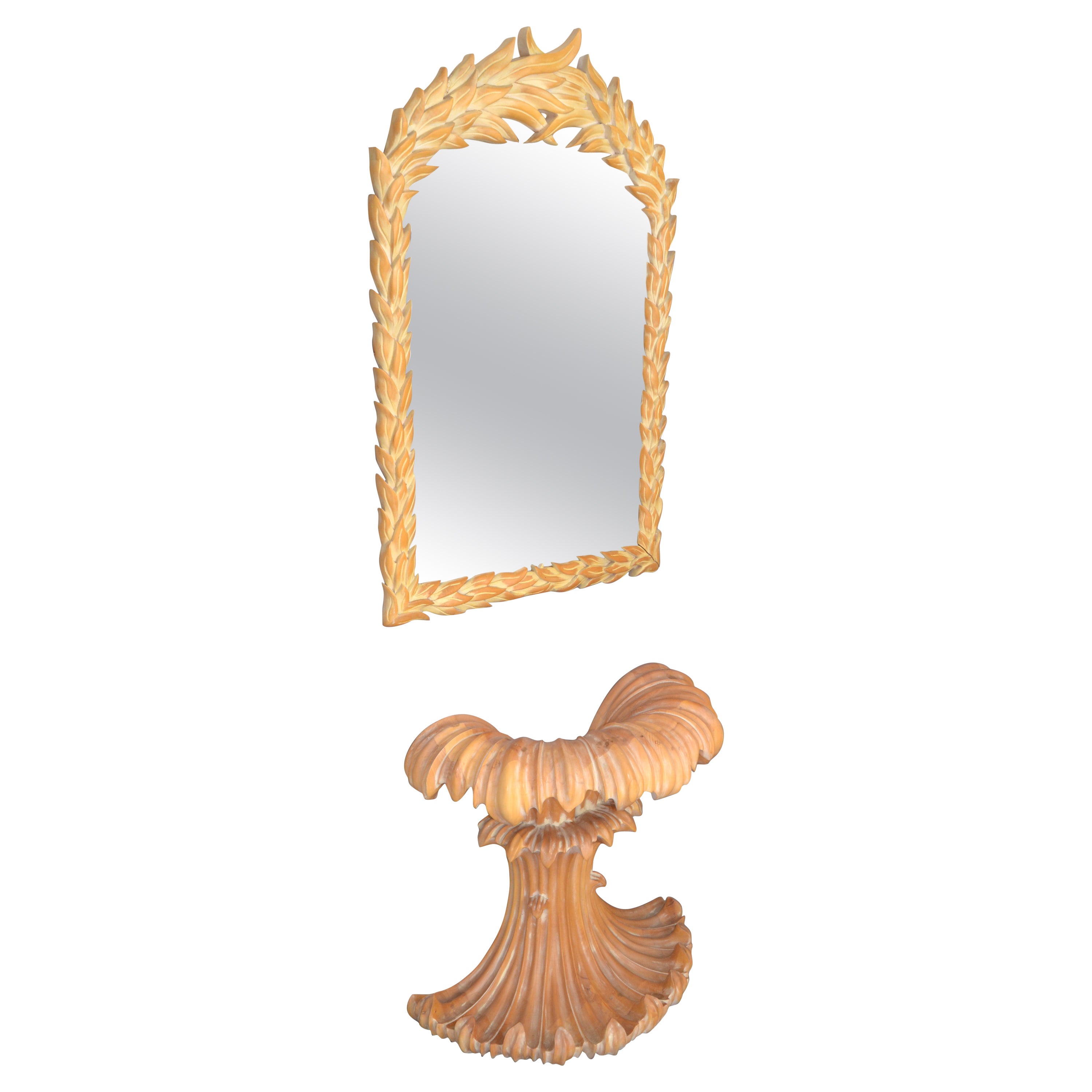 Serge Roche Style Hollywood Regency Hand Carved Wood Palm Leaf Console & Mirror