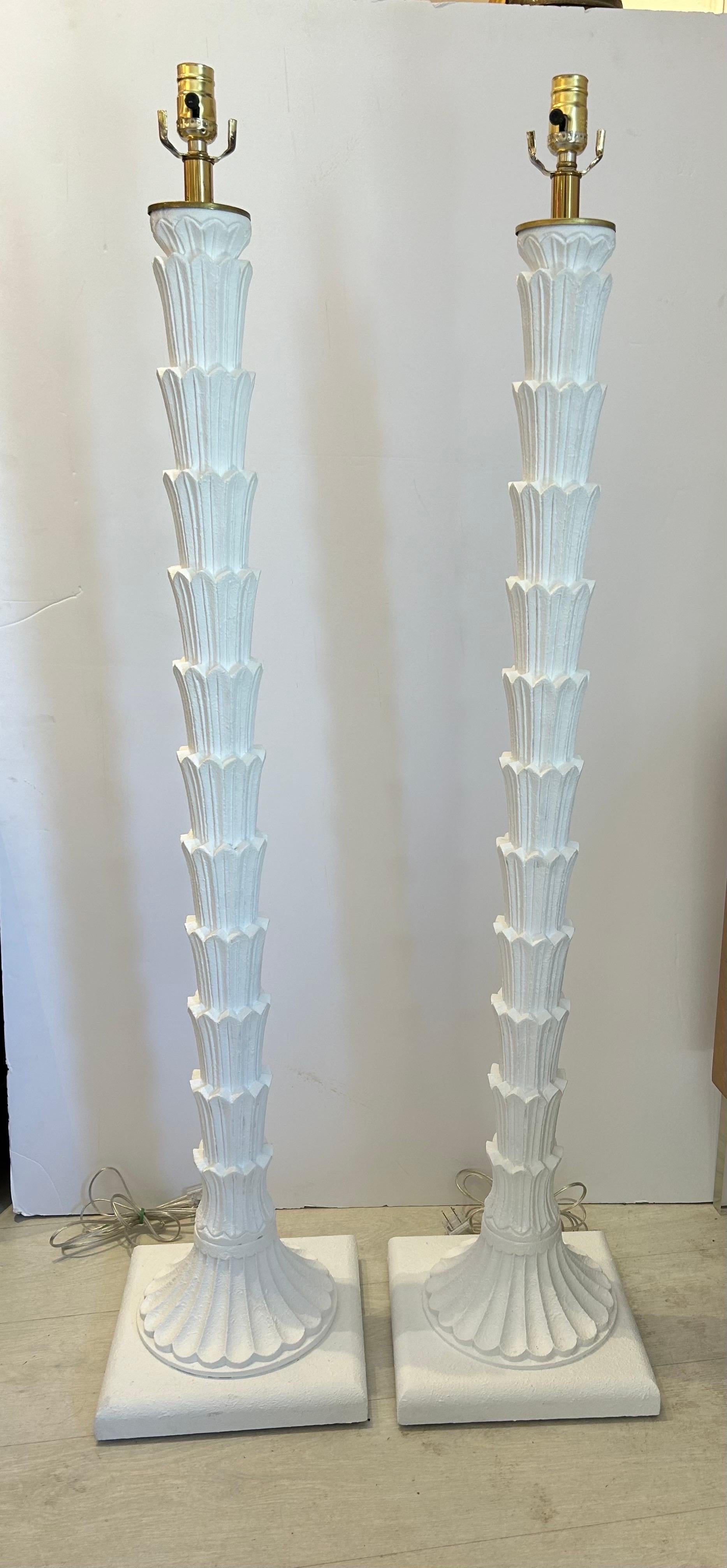 52.5 inches tall on a 10.5“ x 10.5“base.. white palmette floor lamps recently painted in gesso  finish and re-stored… Brass hardware in very good condition