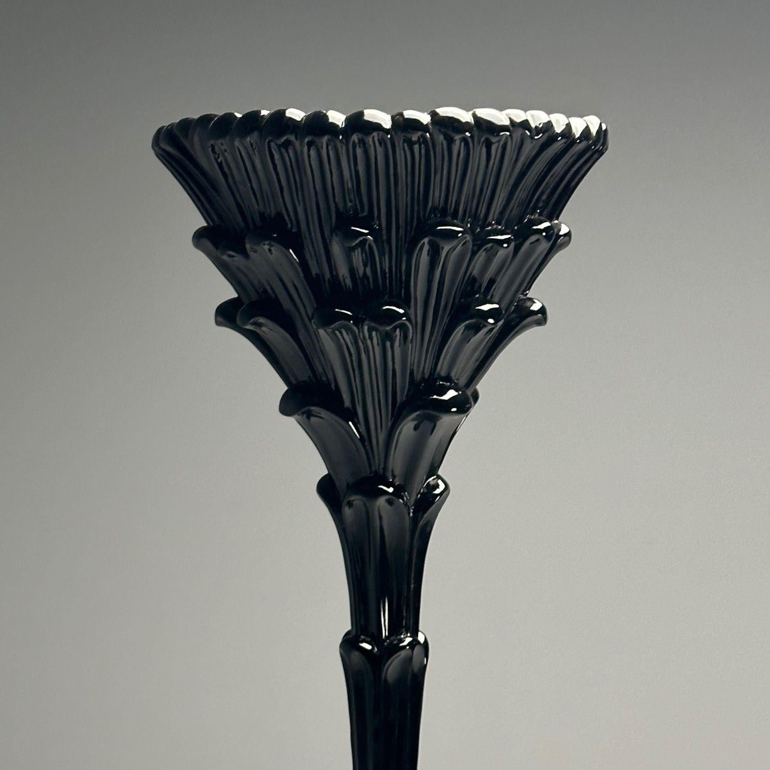 Stile Serge Roche, Mid-Century Modern, Lampade da terra a foglia di palma, Lacca nera In condizioni buone in vendita a Manhasset, NY