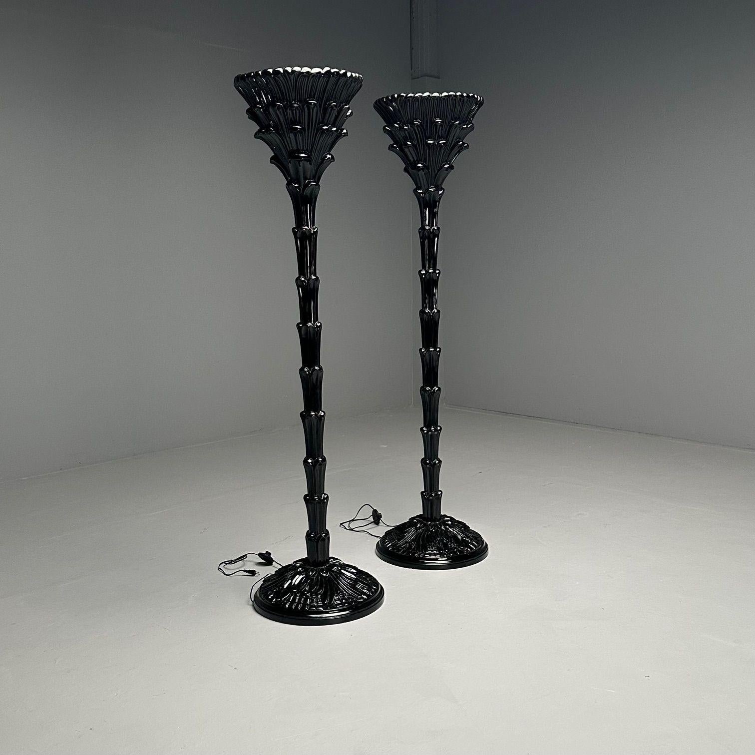 Stile Serge Roche, Mid-Century Modern, Lampade da terra a foglia di palma, Lacca nera in vendita 1