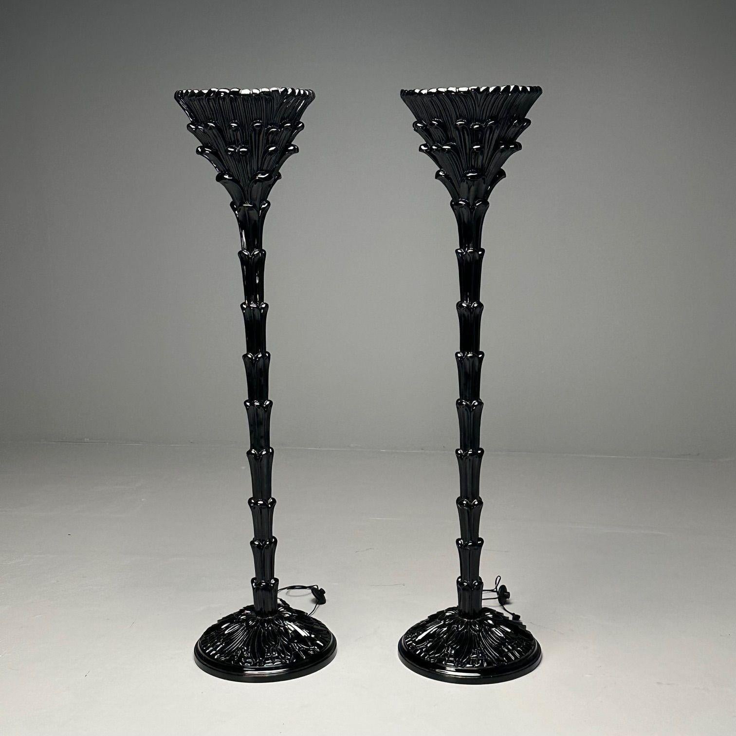 Stile Serge Roche, Mid-Century Modern, Lampade da terra a foglia di palma, Lacca nera in vendita 3