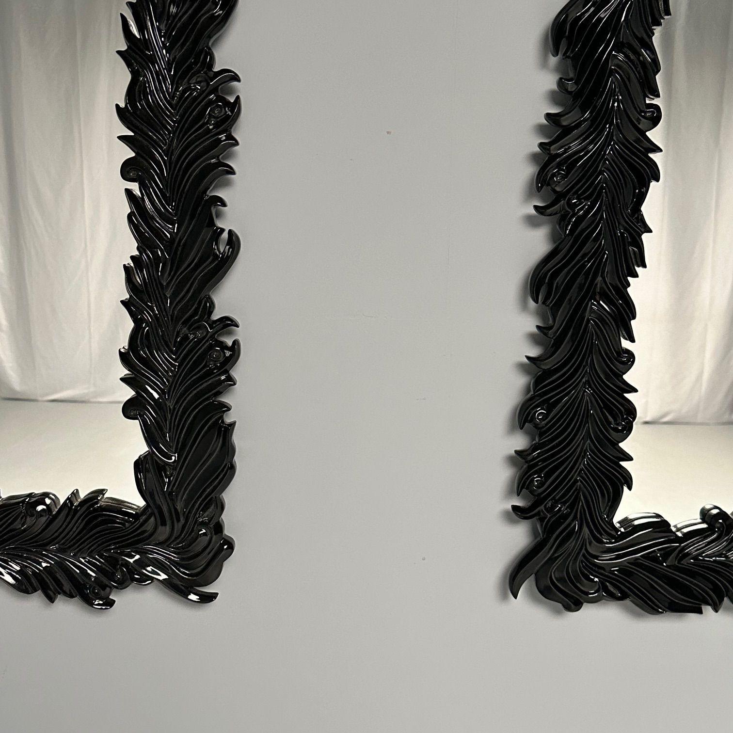 Serge Roche Style, Modern, Rectangular Leaf Wall Mirrors, Black Lacquer For Sale 3