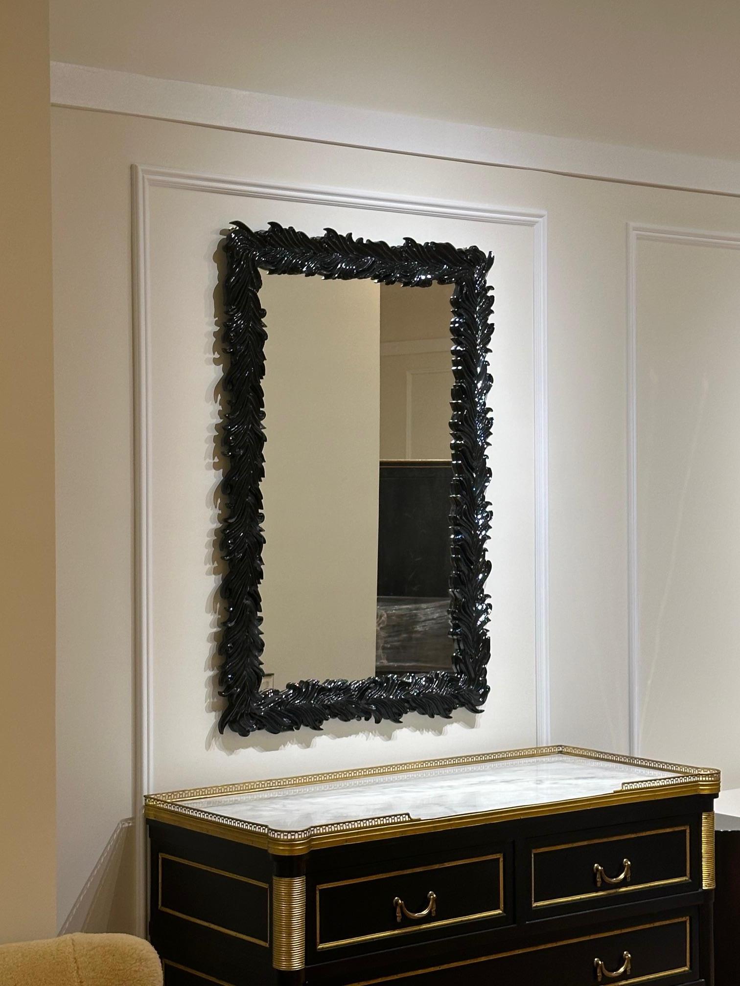 Serge Roche Style, Modern, Rectangular Leaf Wall Mirrors, Black Lacquer For Sale 4