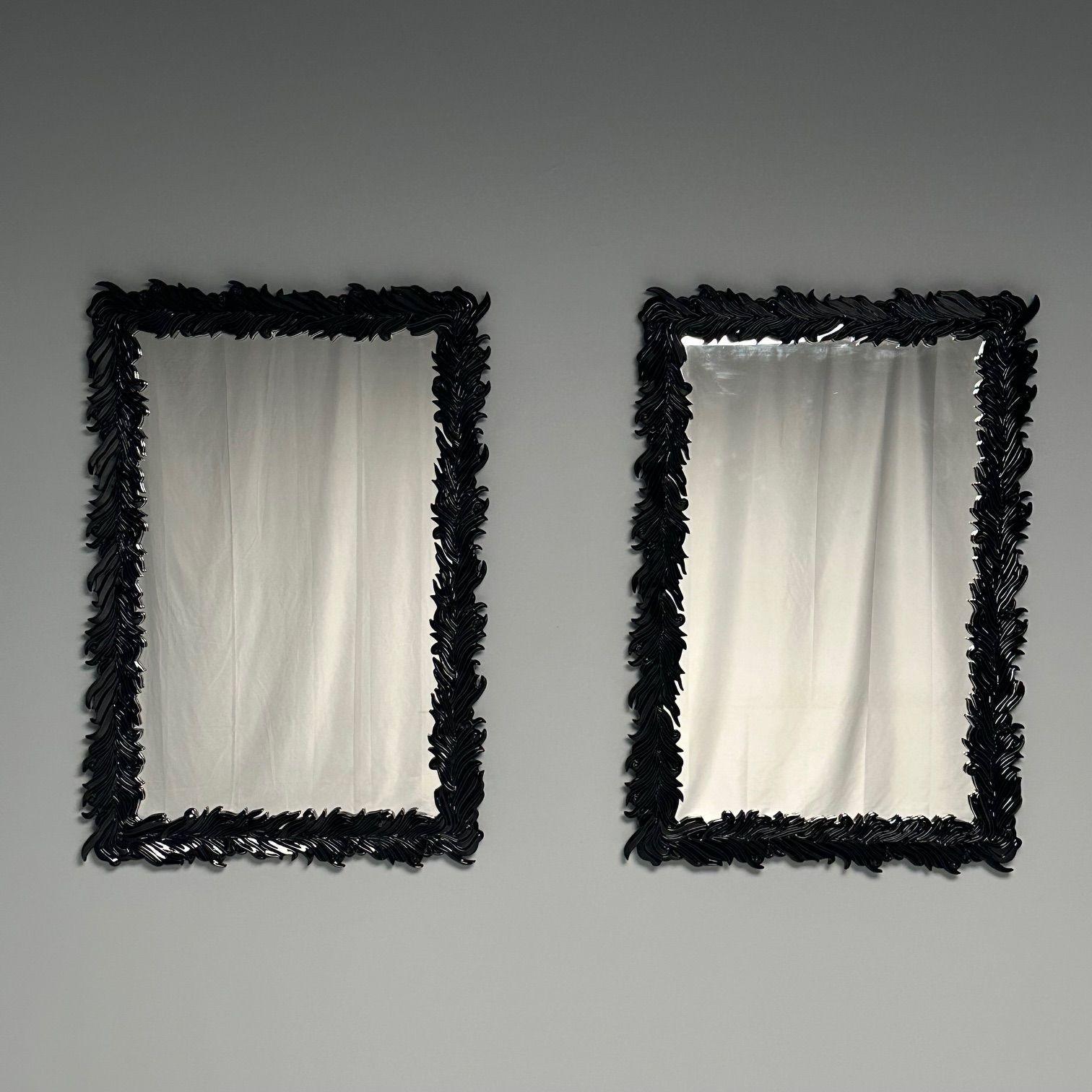 Serge Roche Style, Contemporary, Rectangular Wall Mirrors, Black Lacquer, Palm Fronds Motif

Pair of sizable wall mirrors in the mid-century taste inspired by the work of Serge Roche. Each example features a hand carved wood frame having a palm