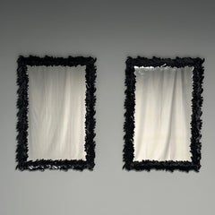 Serge Roche Style, Modern, Rectangular Leaf Wall Mirrors, Black Lacquer