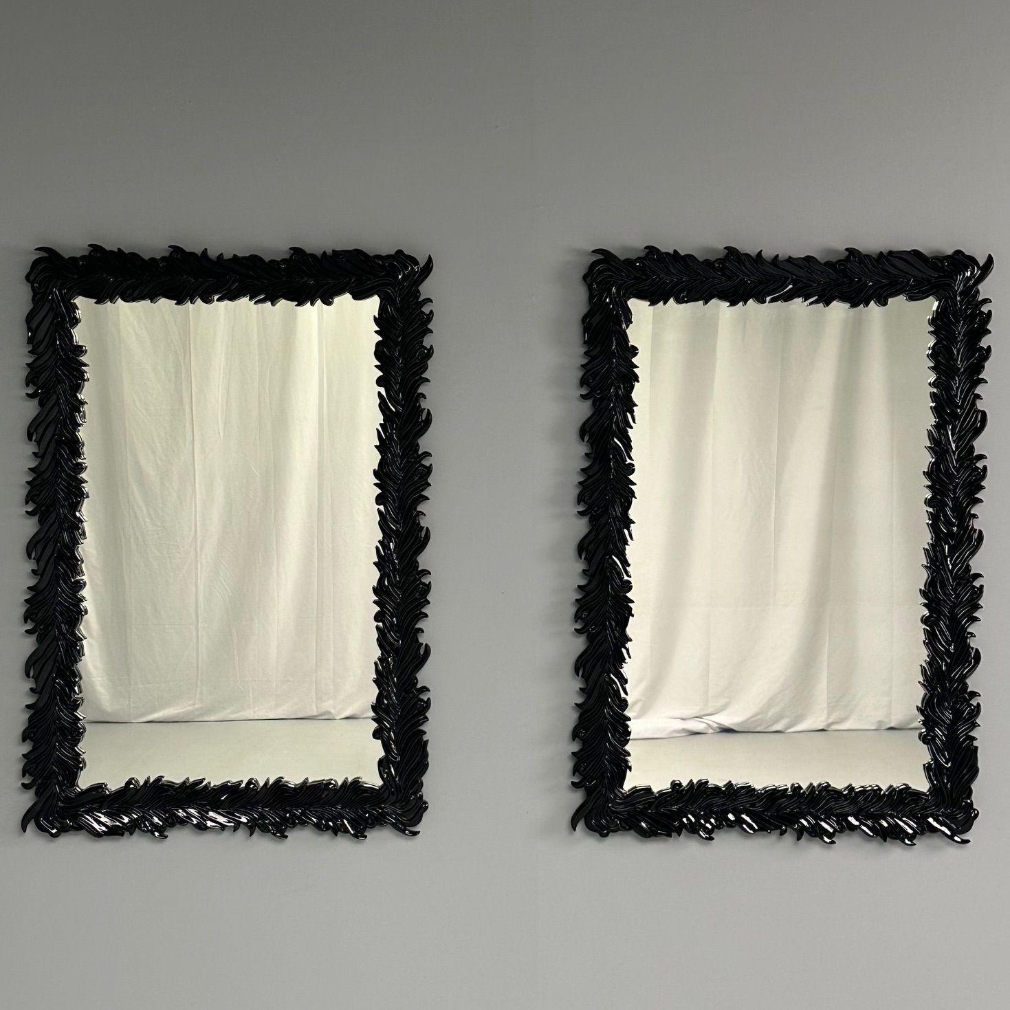 Mid-Century Modern Serge Roche Style, Modern, Rectangular Leaf Wall Mirrors, Black Lacquer For Sale