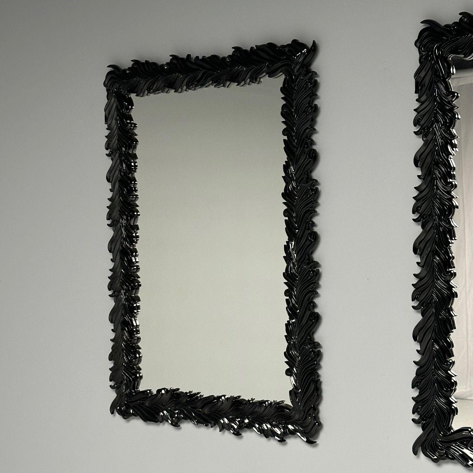 Italian Serge Roche Style, Modern, Rectangular Leaf Wall Mirrors, Black Lacquer For Sale