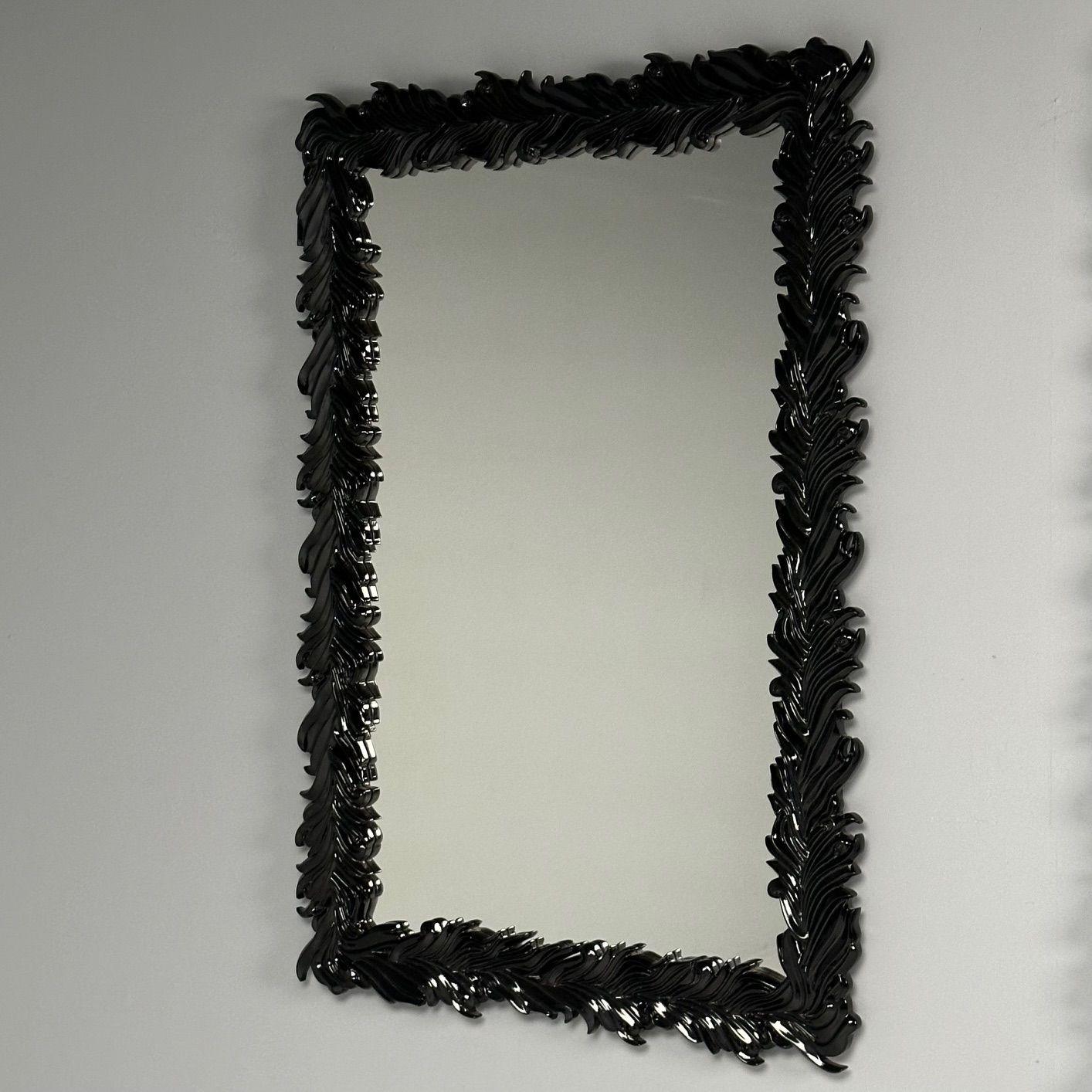 Serge Roche Style, Modern, Rectangular Leaf Wall Mirrors, Black Lacquer In New Condition For Sale In Manhasset, NY