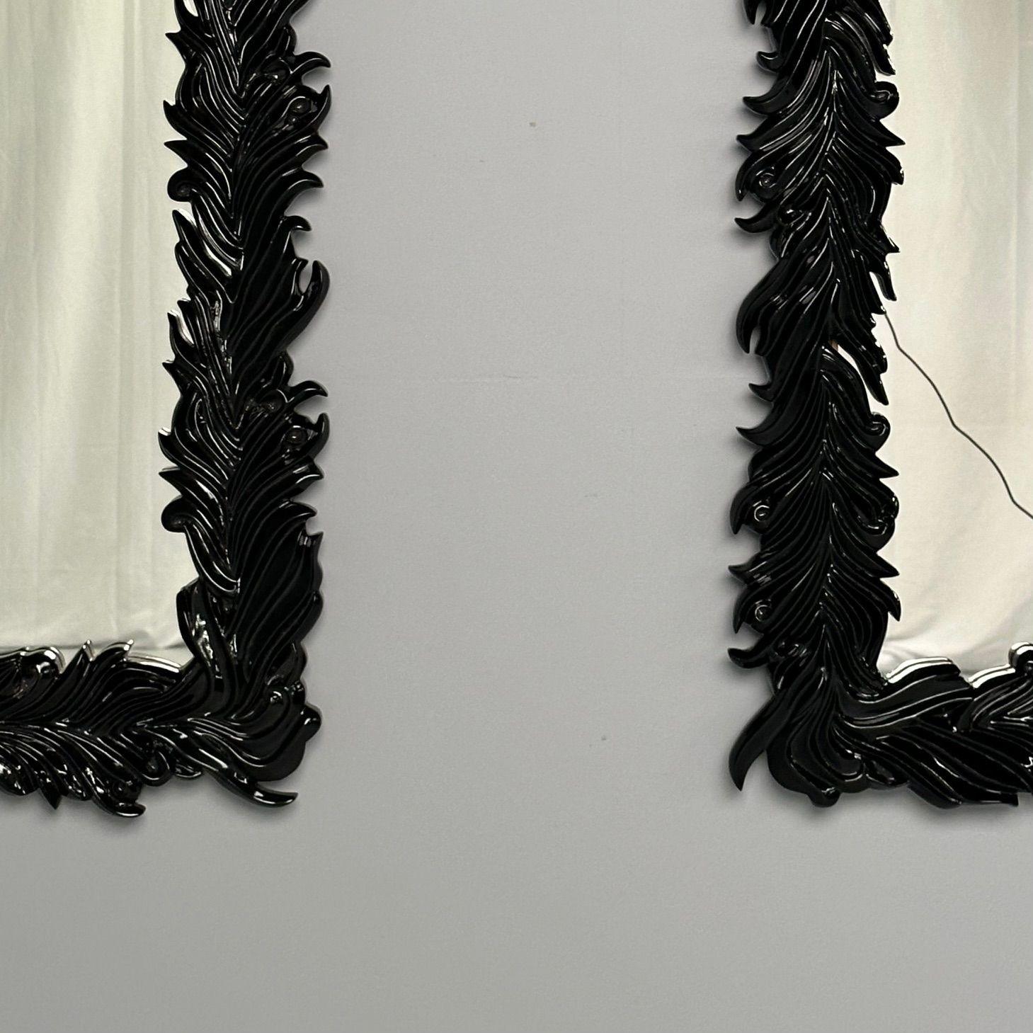 Contemporary Serge Roche Style, Modern, Rectangular Leaf Wall Mirrors, Black Lacquer For Sale